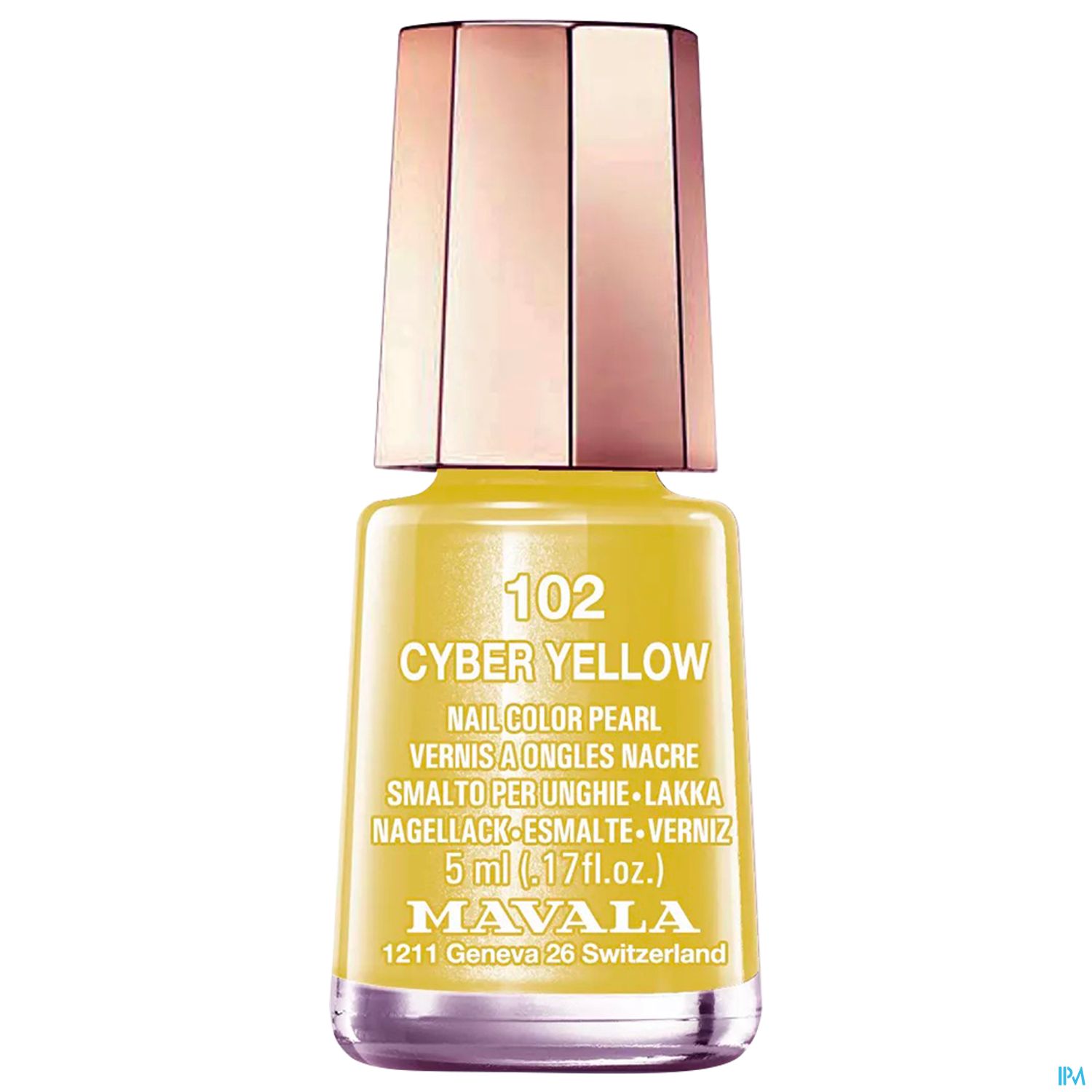 Flasche mit gelbem Nagellack der Marke Mavala, mit der Aufschrift "102 CYBER YELLOW" und einem goldenen Deckel.