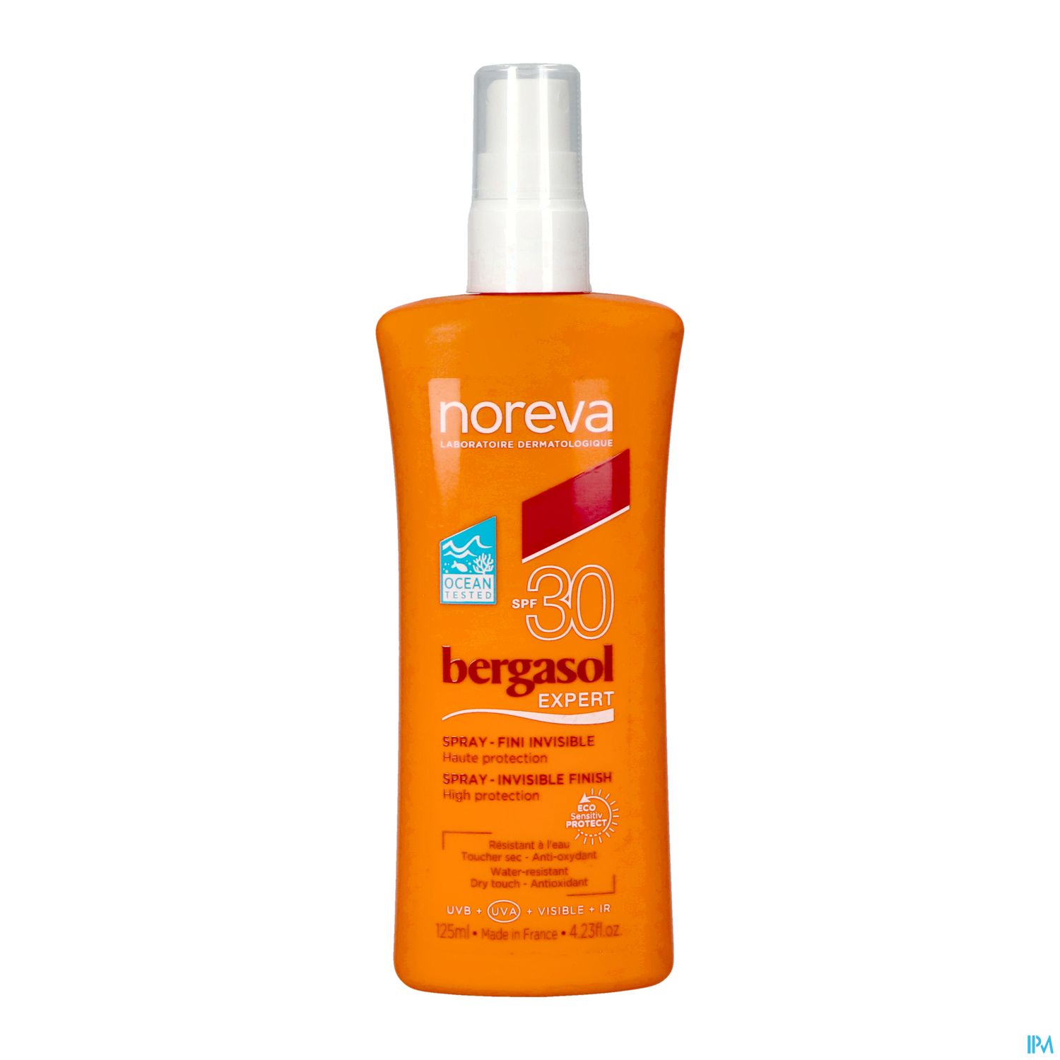 Flasche Sonnencreme Noreva Bergasol Expert mit Lichtschutzfaktor 30, orange Verpackung, Sprühkopf.