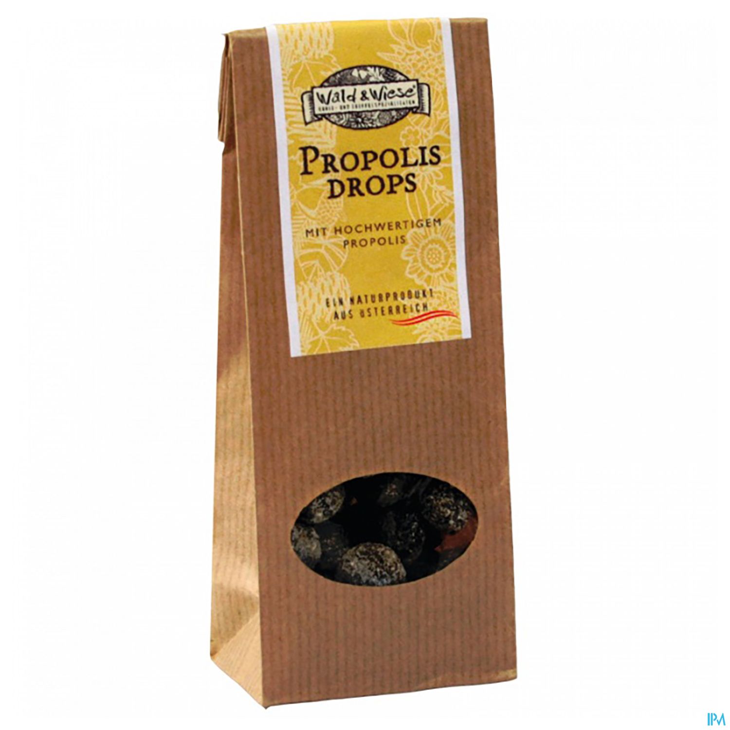 Tüte mit Propolisdrops von Wald und Wiese, mit Hinweis auf hochwertigen Propolis.