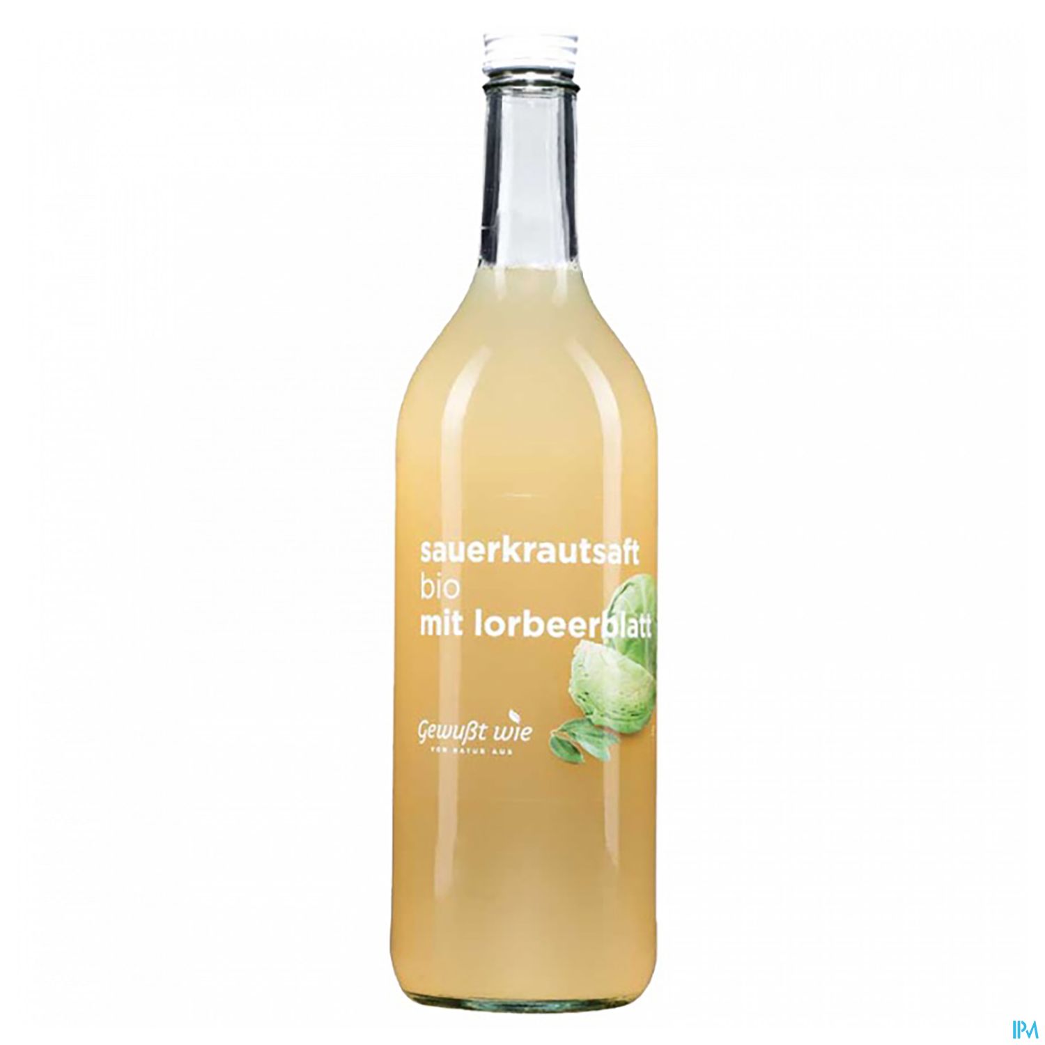 Flasche mit Sauerkrautsaft, bio, mit Lorbeerblatt.