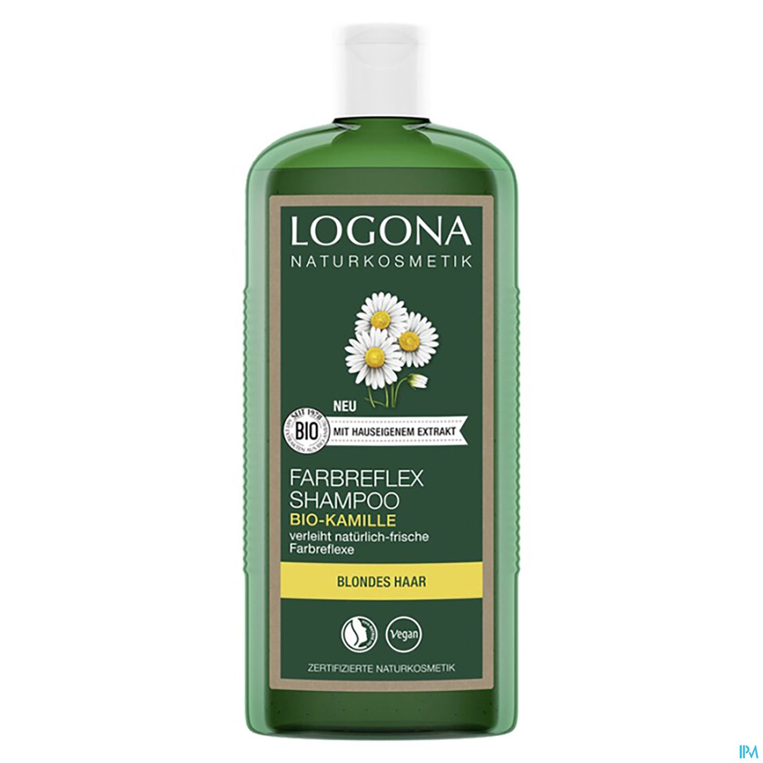 Flasche mit Logona Farbreflex Shampoo für blondes Haar, mit Kamille, grünem Etikett und Pflanzenmotiven.