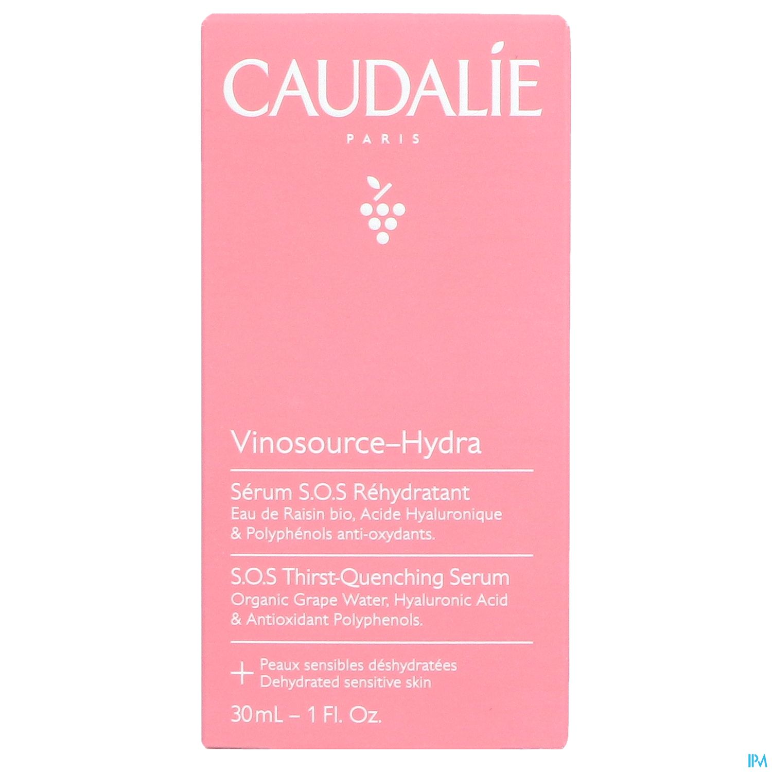 Produktverpackung von Caudalie Vinosource-Hydra, zeigt ein Serum zur Feuchtigkeitsversorgung mit Inhaltsstoffen wie Traubenwasser und Hyaluronsäure.