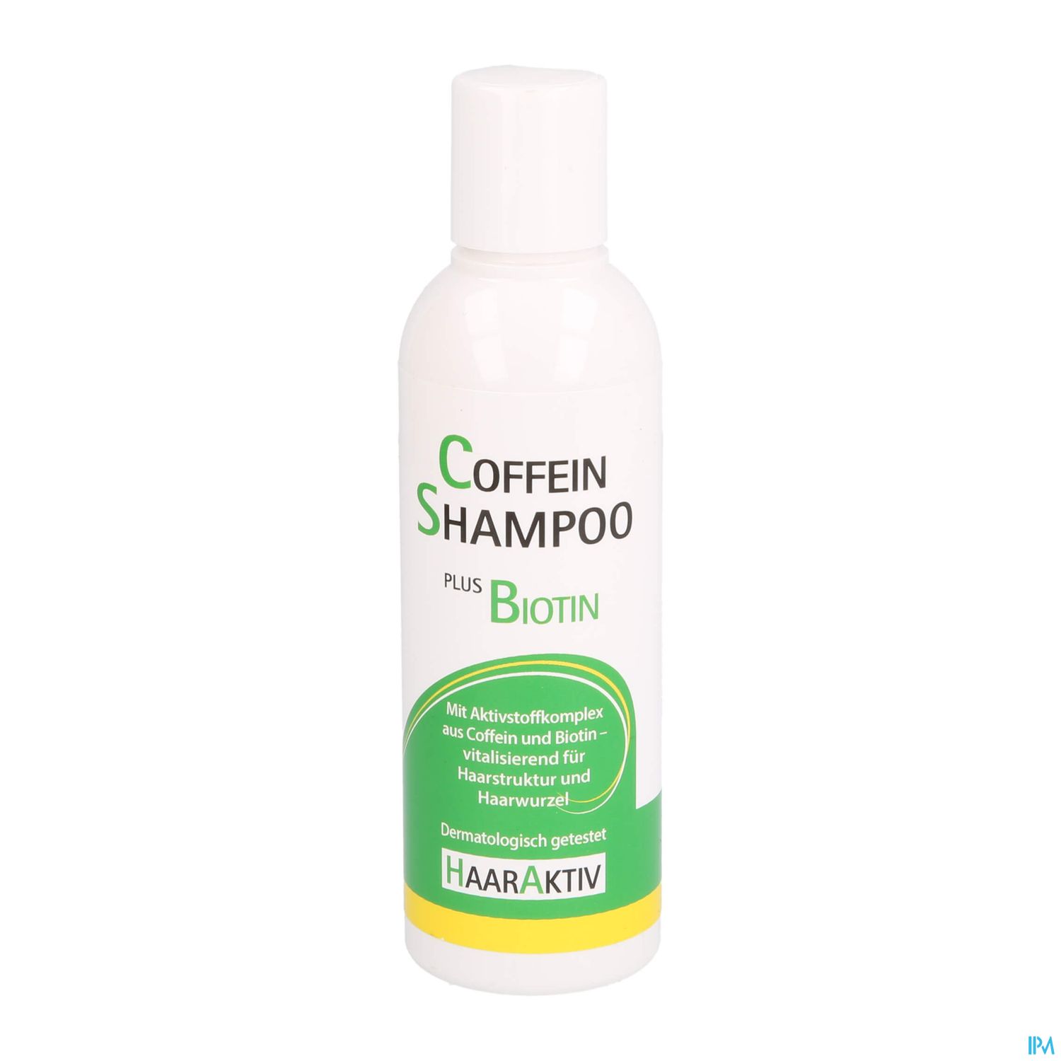 Weiße Flasche mit grünem und gelbem Etikett, beschriftet mit "Coffein Shampoo plus Biotin" und Hinweisen zur Anwendung.