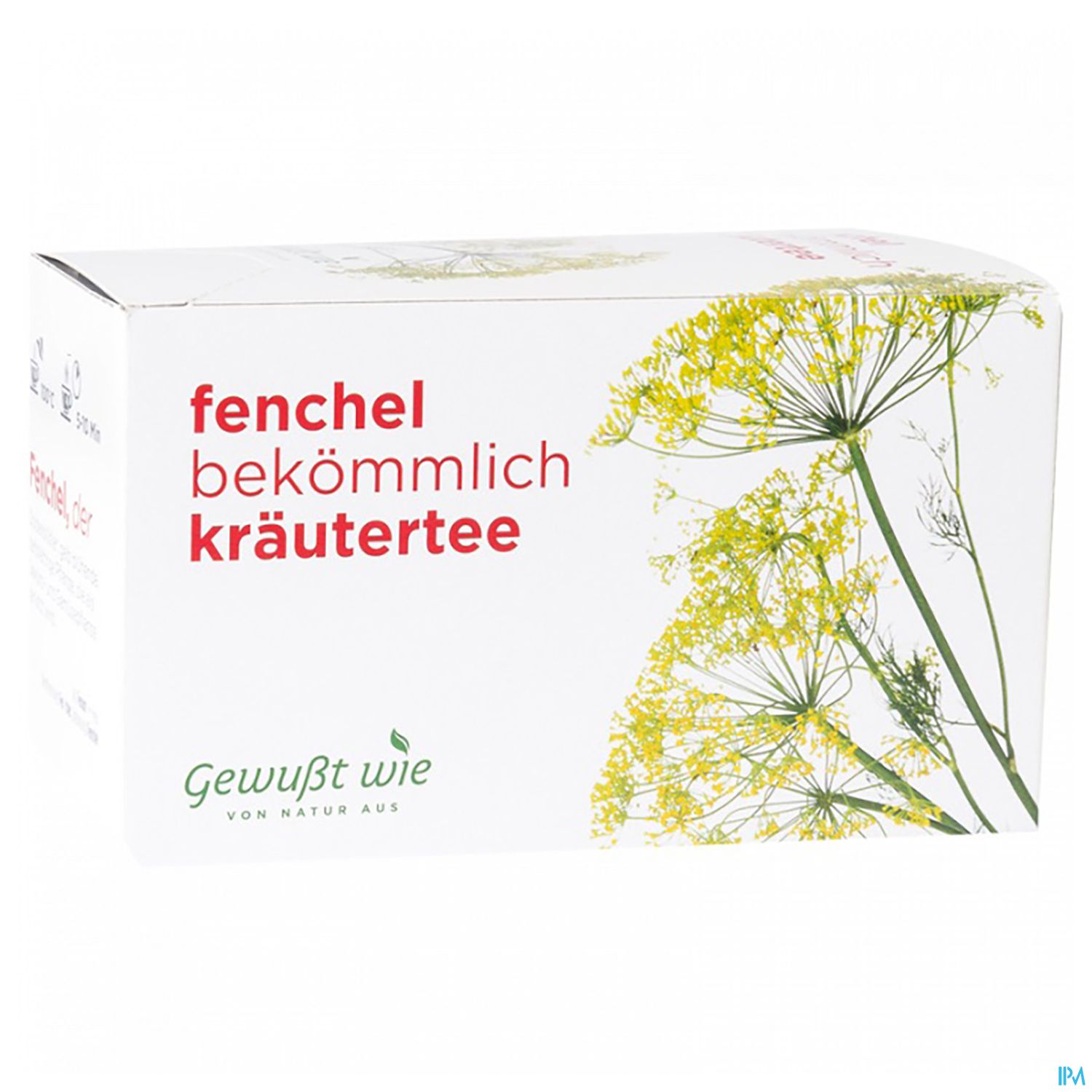 Verpackung von Fenchel Kräutertee mit der Aufschrift „fenchel bekömmlich“ und einem Bild von Fenchelblüten.