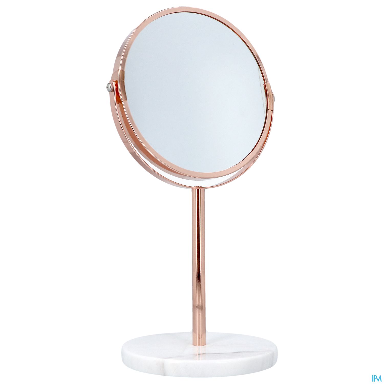 Ein runder Schminkspiegel mit einem metallischen Gestell in Roségold und einem stabilen Sockel aus Marmor.