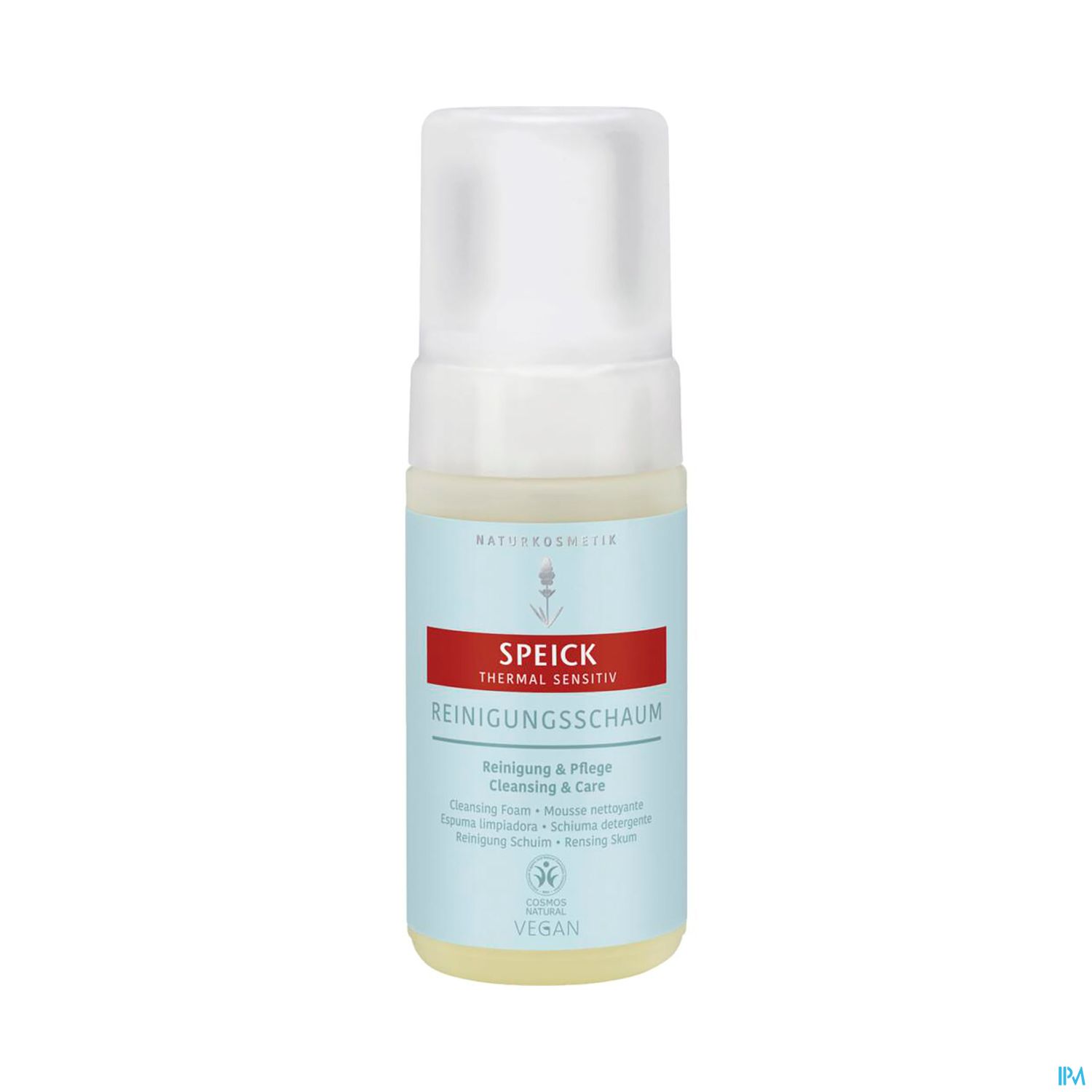 Flasche mit Speick Reinigungschaum, etikettiert mit "Reinigung & Pflege", vegan, in hellem Design.