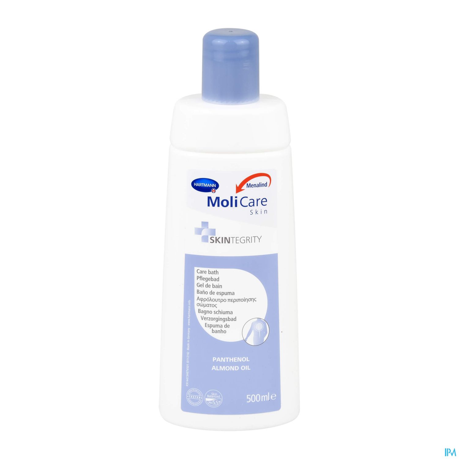Flasche mit MoliCare Skin Pflegeprodukt, 500 ml, mit Hinweis auf Panthenol und Mandelöl.
