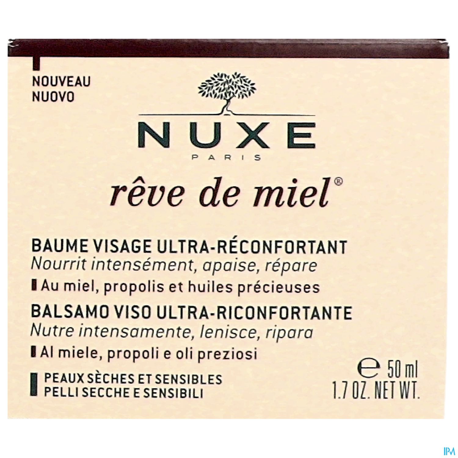 Produktverpackung des NUXE "rêve de miel" Gesichtsbaums mit Beschreibung und Inhaltsstoffen in mehreren Sprachen.
