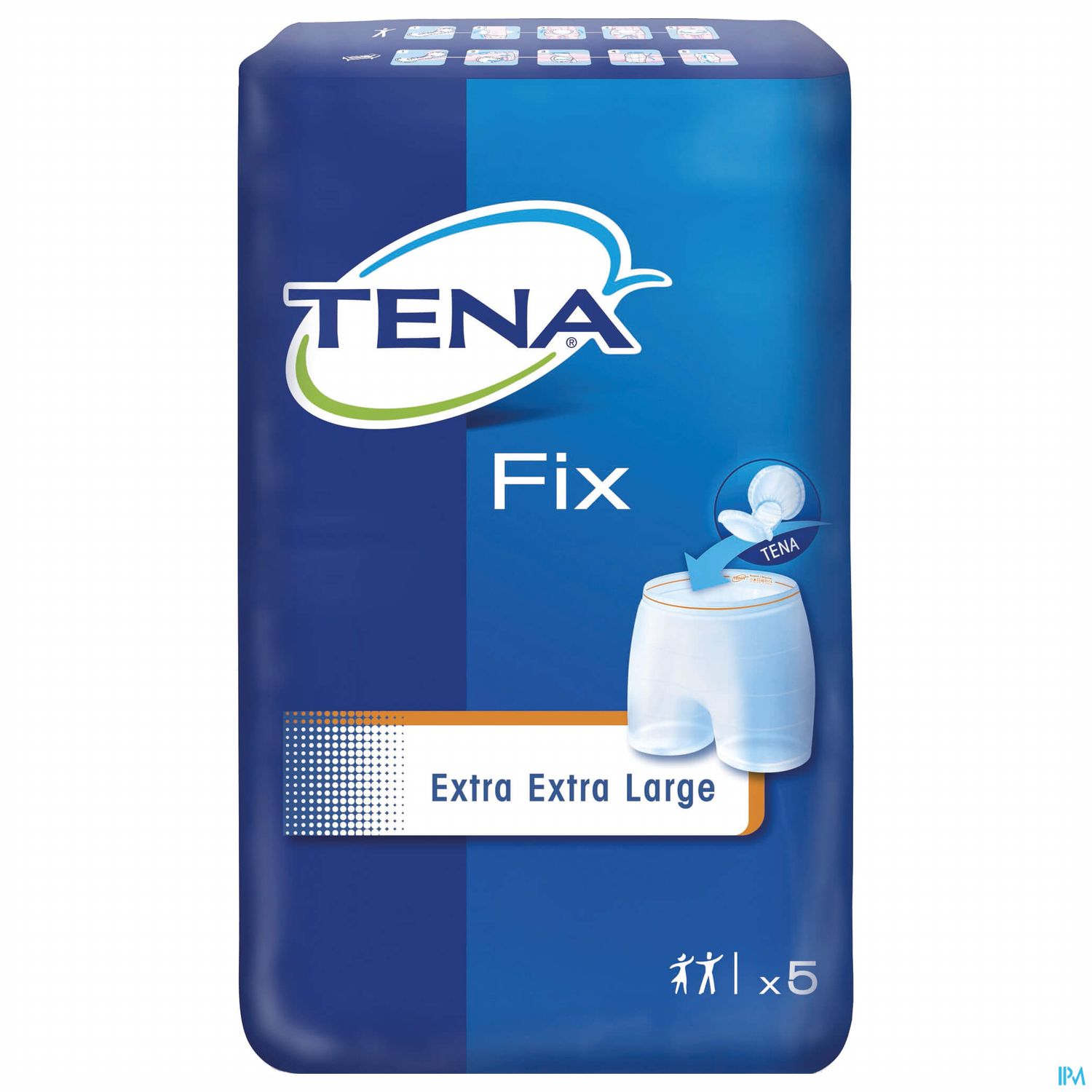 Packung mit TENA Fix in Extra Extra Large, mit Abbildung eines weißen Pants und Hinweis auf die Anzahl von 5 Stück.