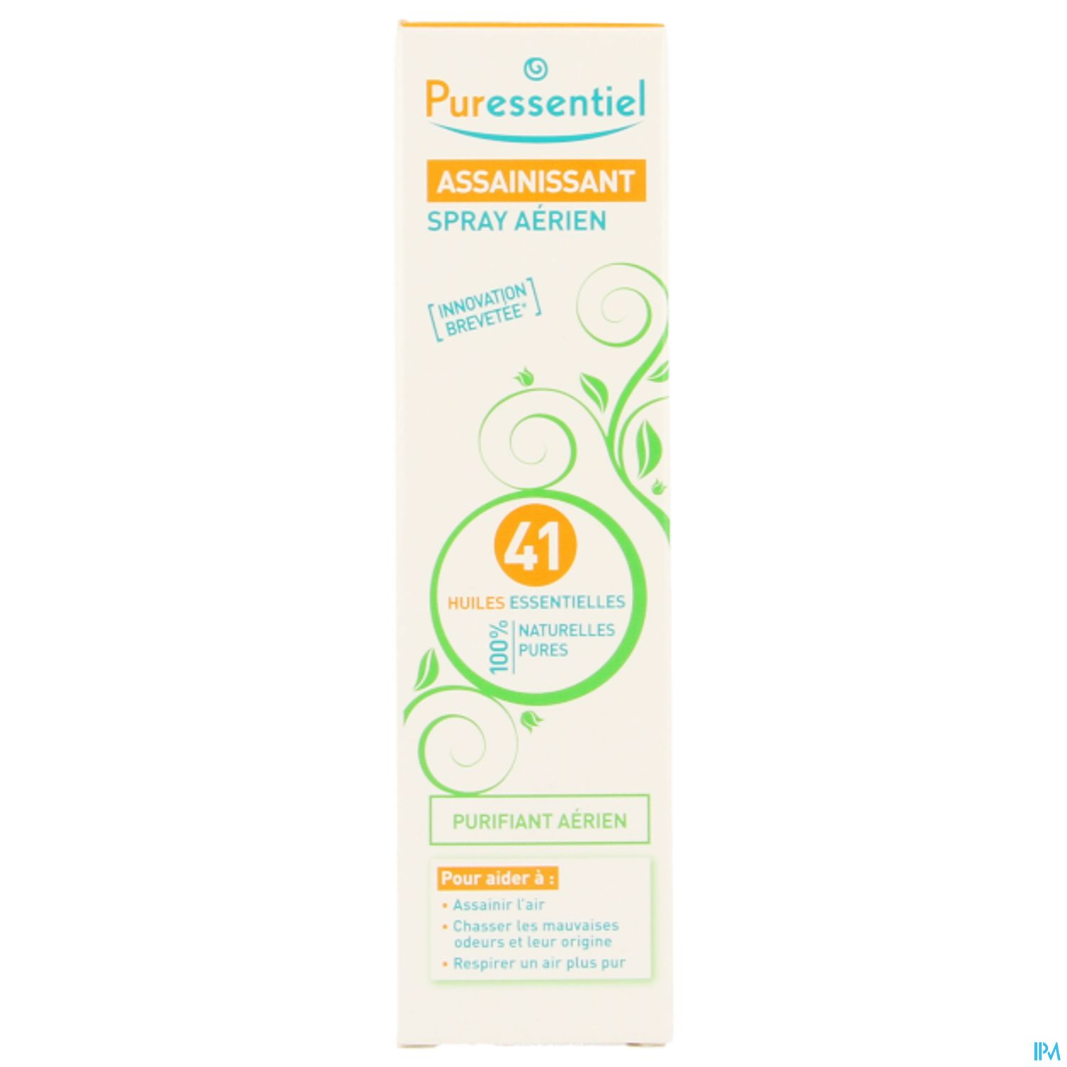 Bild eines Luftreinigungssprays von Puressentiel mit 41% natürlichen ätherischen Ölen, verpackt in einer dekorierten Box.