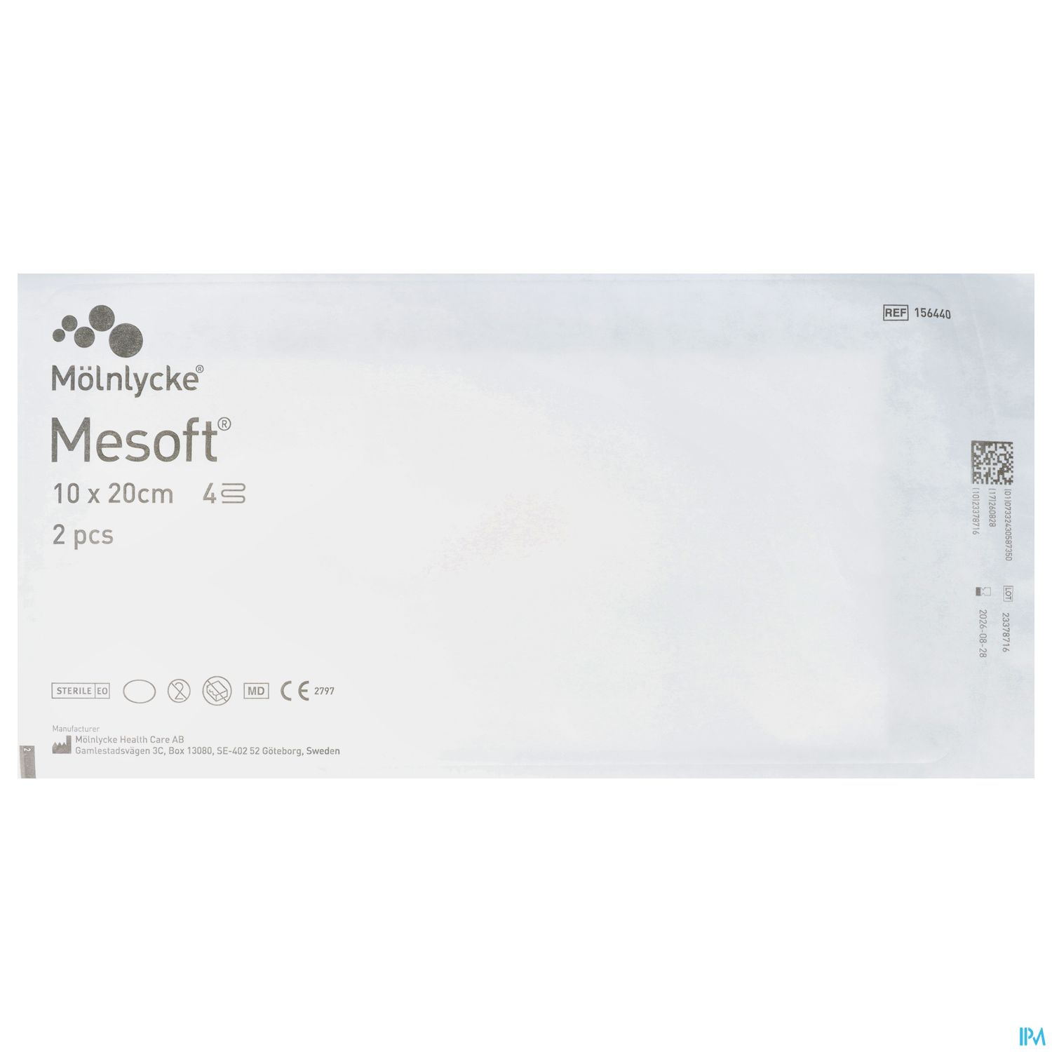 Verpackung von Mesofit Wundauflagen von Mölnlycke, 10 x 20 cm, 2 Stück.