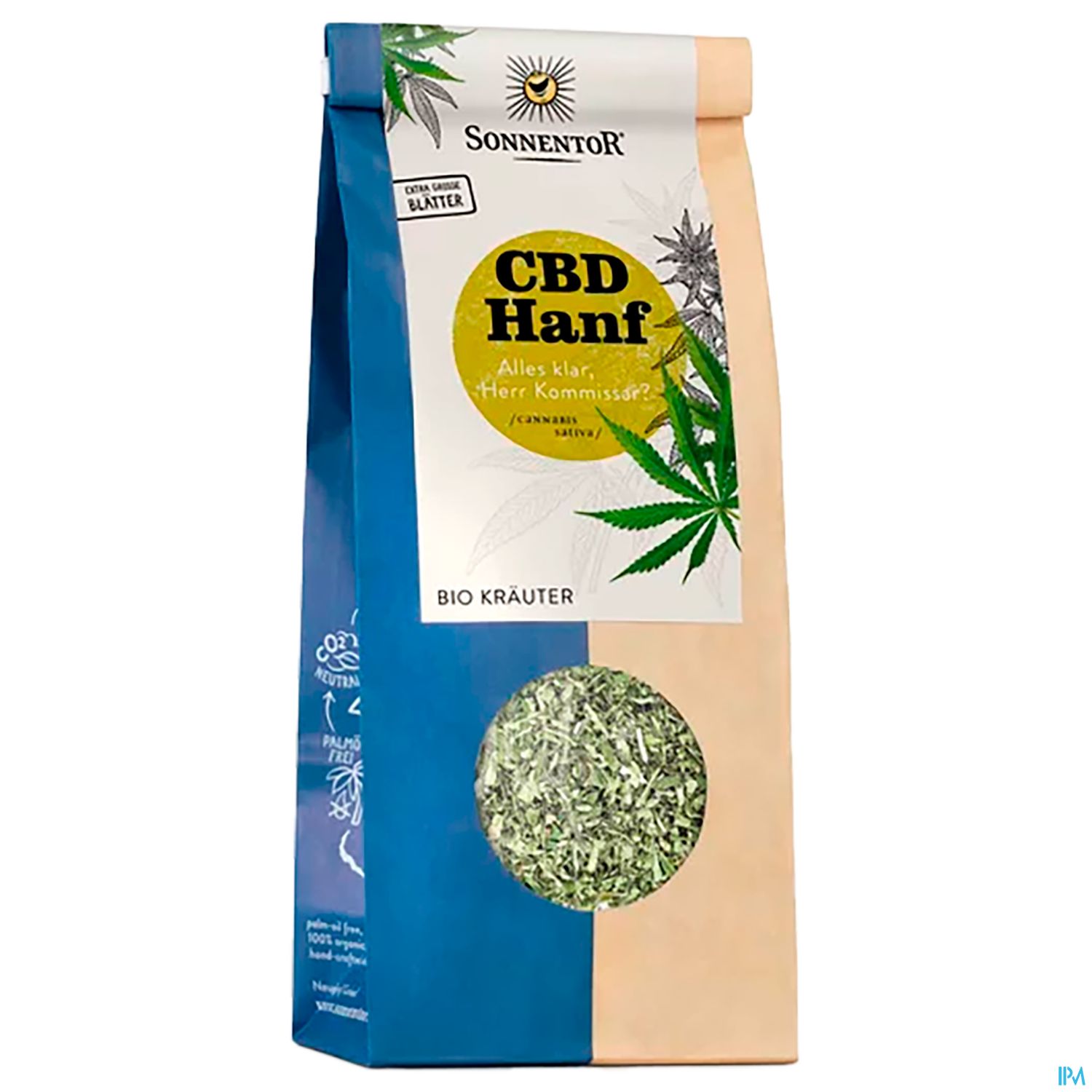 Verpackung von CBD Hanf der Marke Sonnentor mit Sichtfenster und Beschreibung „Alles klar. Hier kommt’s!“