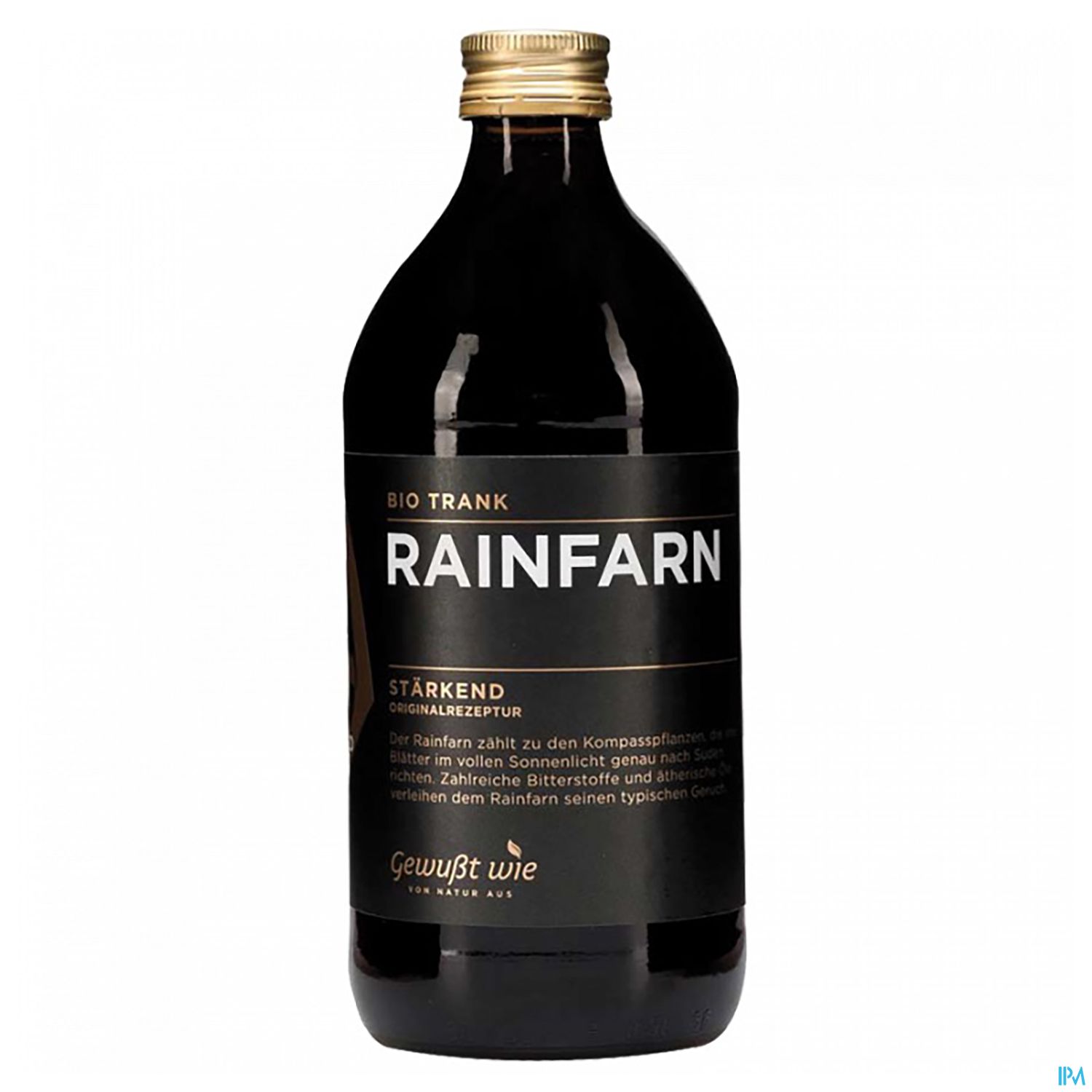 Braun-schwarze Flasche mit dem Etikett "RAINFARN", der Text beschreibt den Inhalt als Bio-Trank mit der Eigenschaft "stärkend".