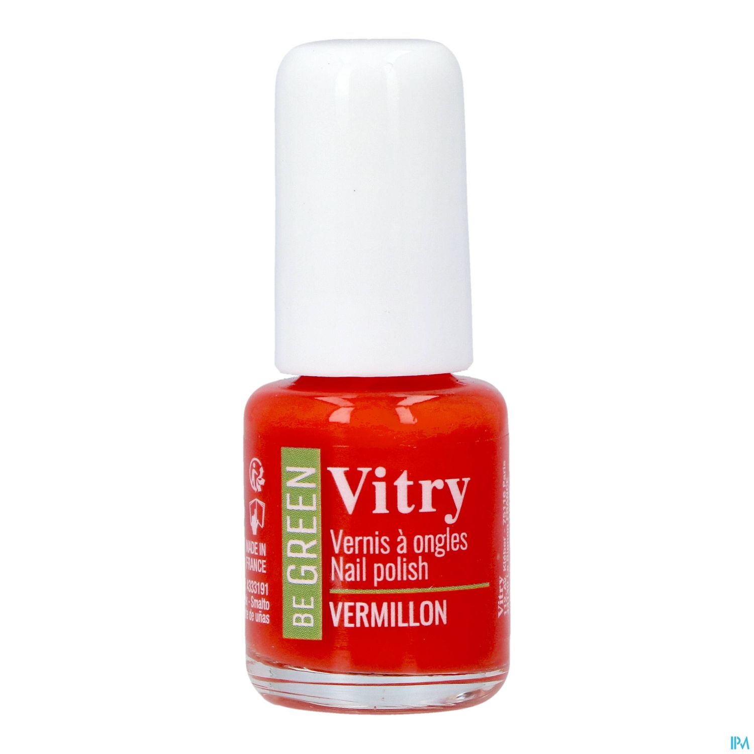 Nagellackflasche in roter Farbe mit weißem Deckel, beschriftet mit "Vitry" und "Vernis à ongles".