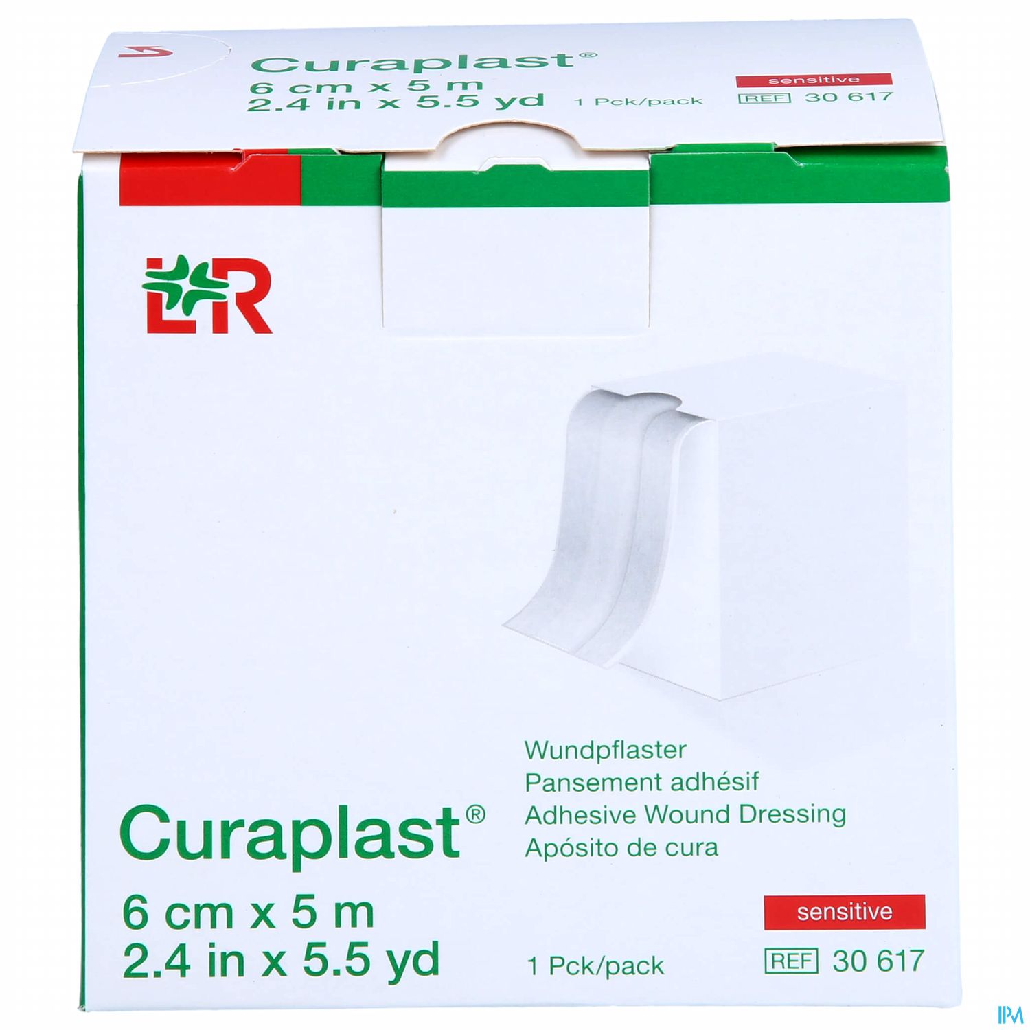 Verpackung eines Wundpflasters der Marke Curaplast, Maße 6 cm x 5 m, mit dem Hinweis "sensitive".