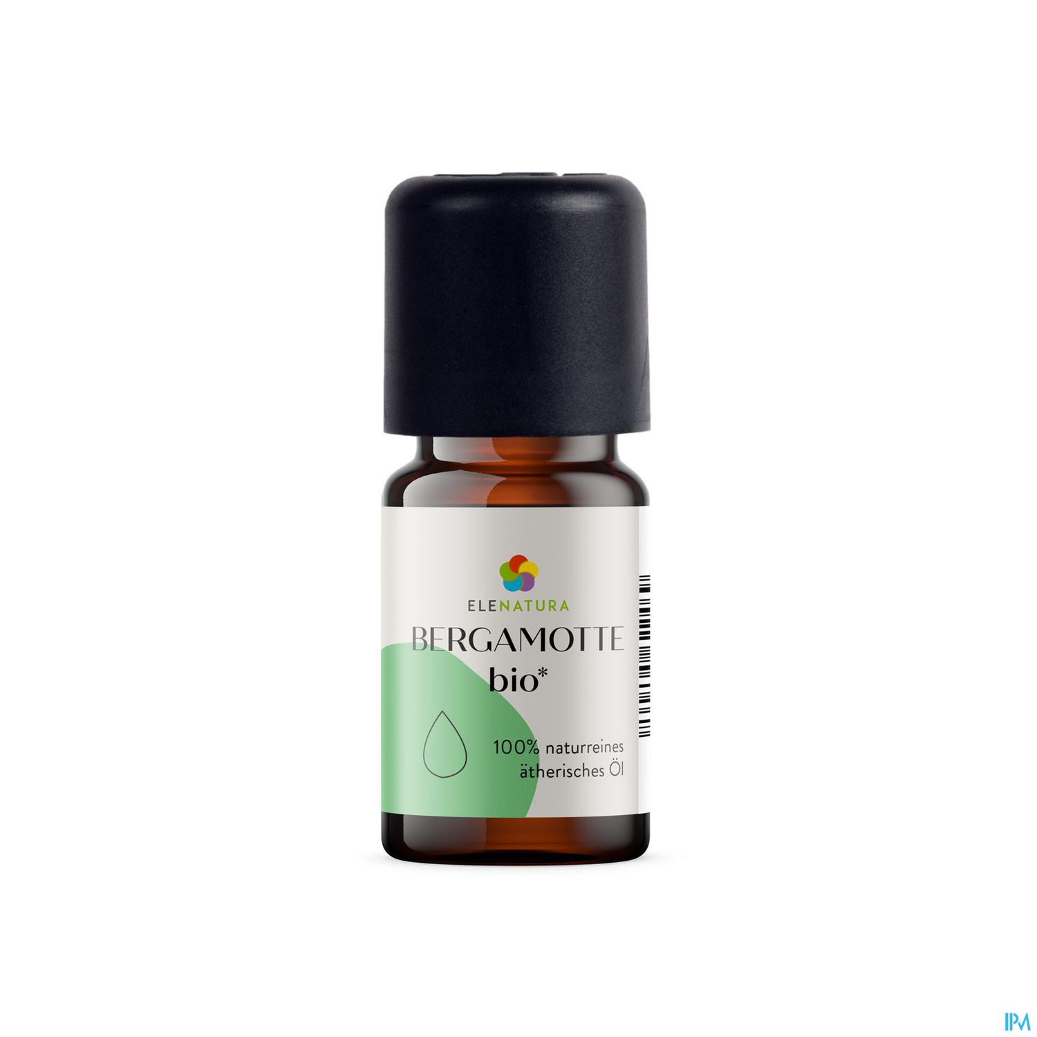 Braunflasche mit schwarzem Deckel, beschriftet mit "Bergamotte bio* 100% naturreines ätherisches Öl".