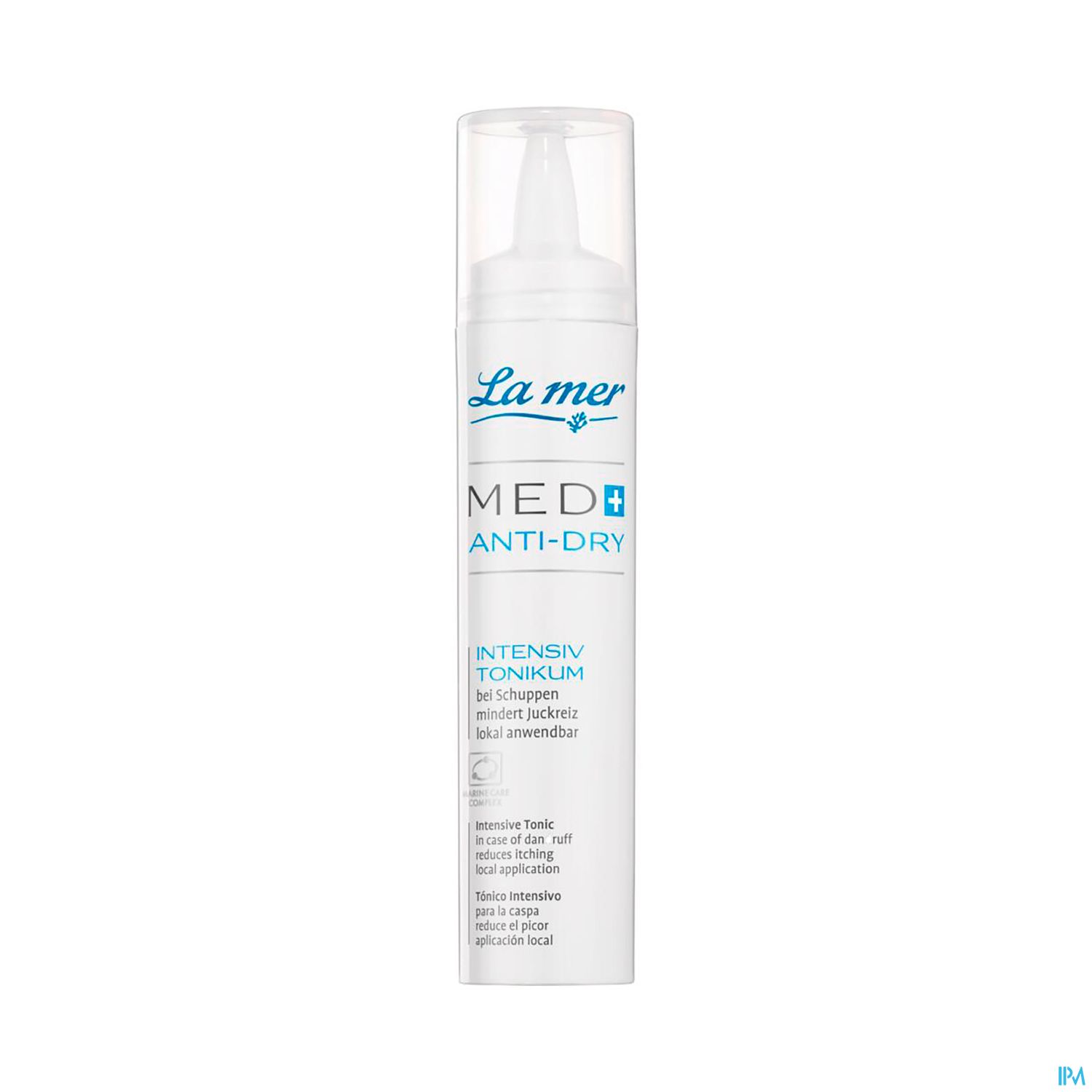 Flasche mit "La mer MED ANTI-DRY intensiv Tonicum", für trockene Haut, mit Pumpmechanismus.