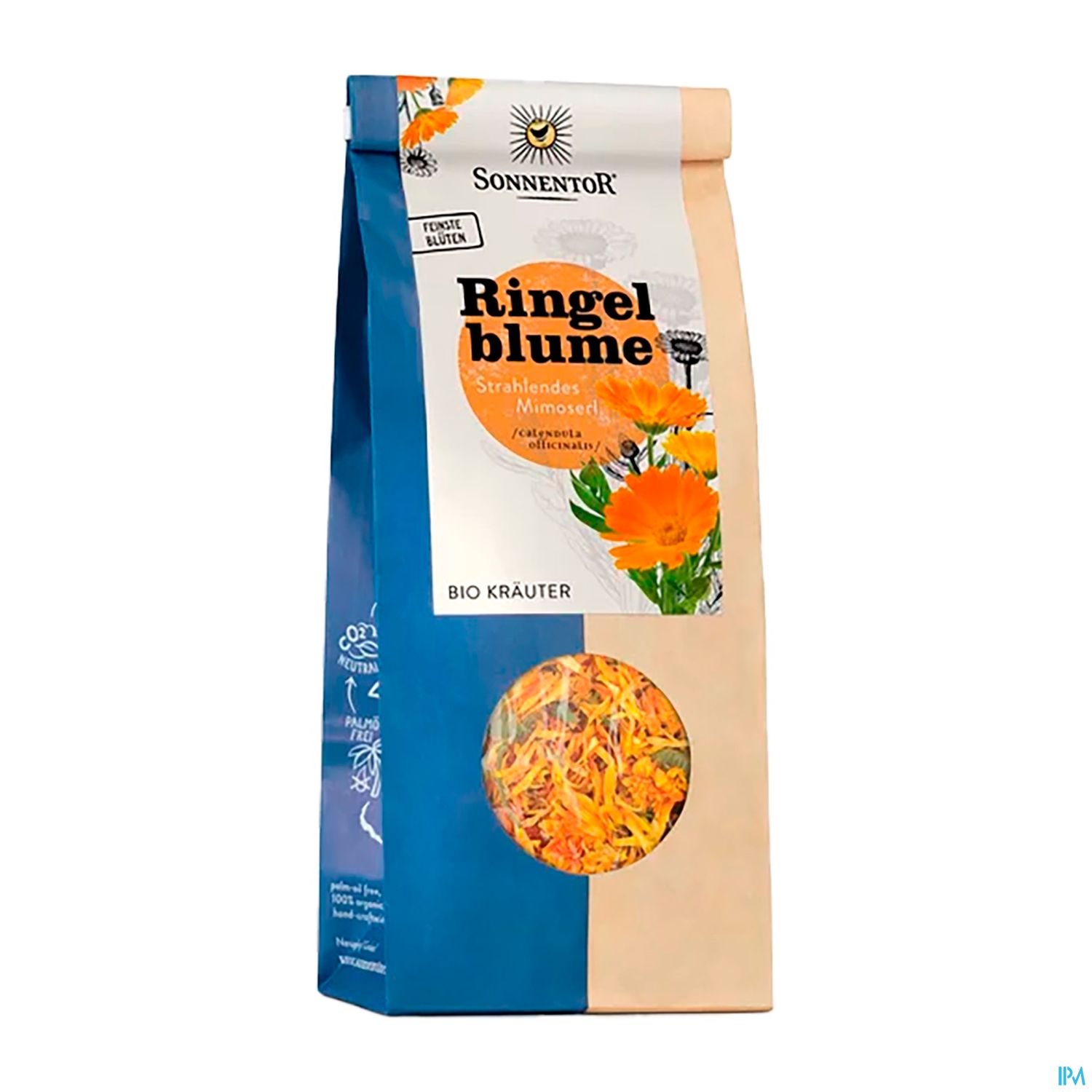 Verpackung mit getrockneten Ringelblumen von Sonnentor, mit einem durchsichtigen Sichtfenster und Informationen zu Inhaltsstoffen und Verwendung.