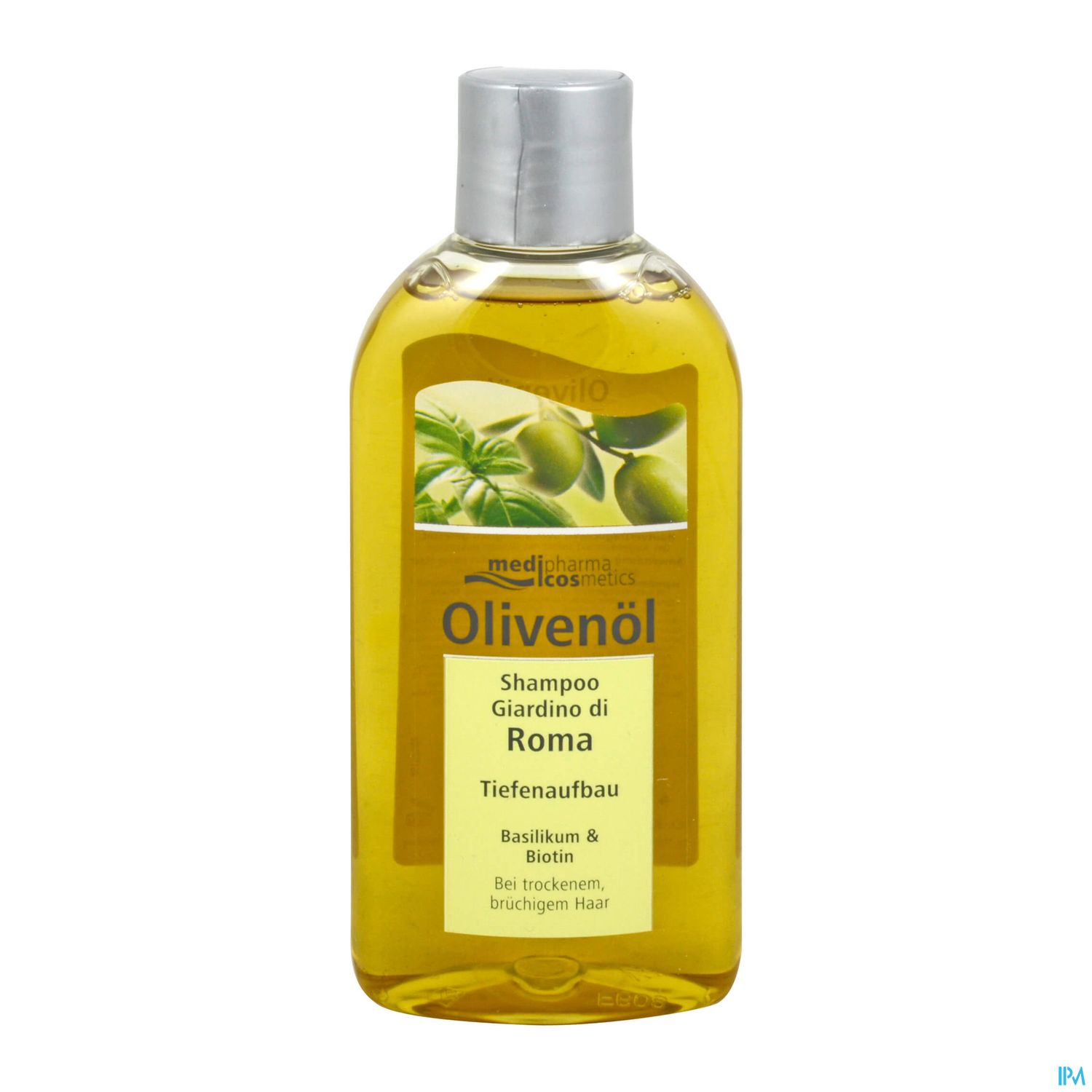 Flasche Olivenöl-Shampoo mit Aufschrift "Shampoo Giardino di Roma", Inhaltsstoffe: Basilikum und Biotin, für trockenes und brüchiges Haar.
