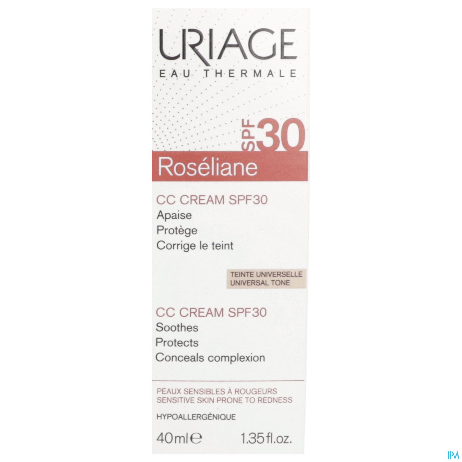 Produktverpackung von Uriage Roséliane CC Cream SPF 30 in deutscher Sprache, 40 ml, mit Beschreibungen zur Anwendung und Wirkung.