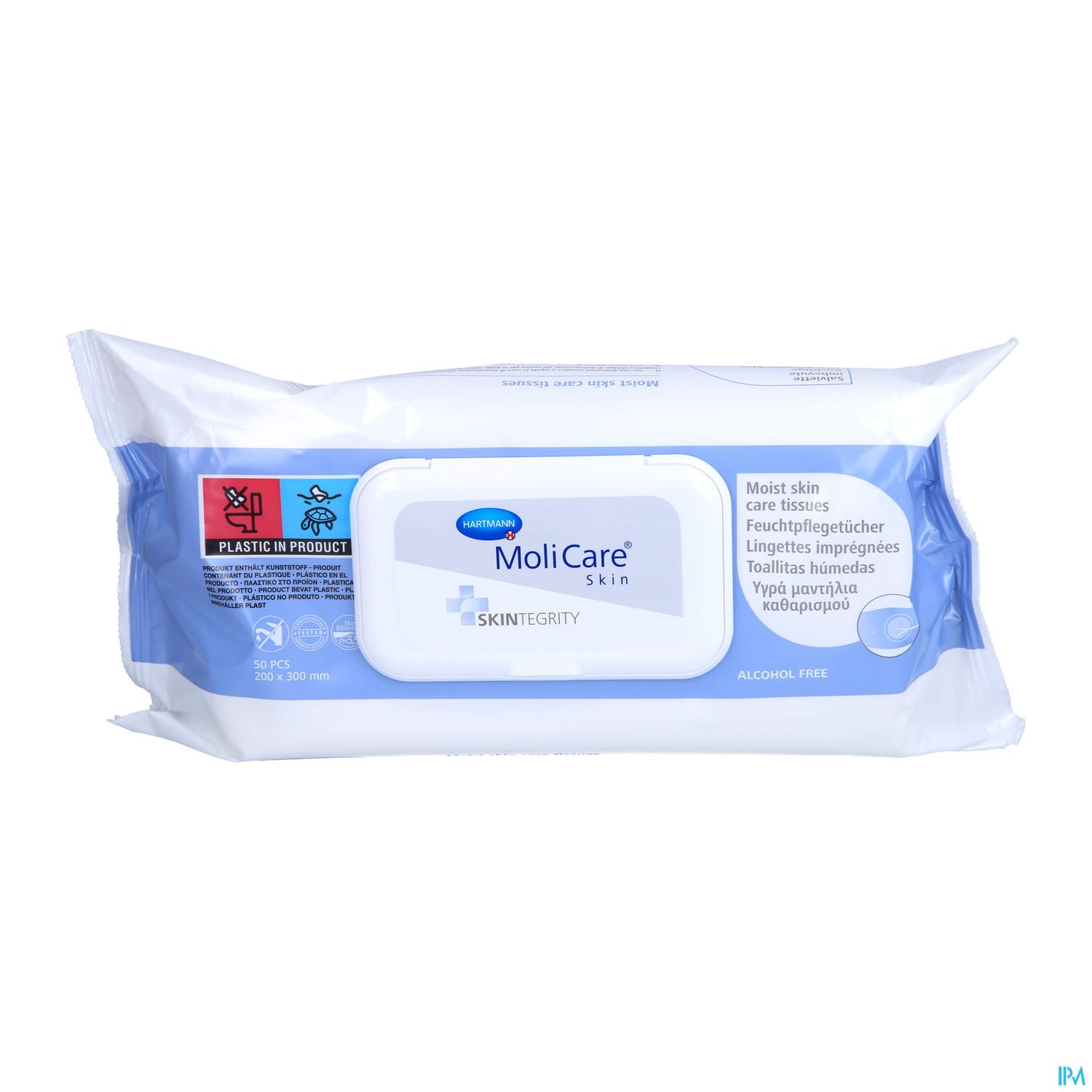 Packung mit MoliCare Feuchttüchern für die sanfte Hautreinigung, alkoholfrei und in plastikfreier Verpackung.