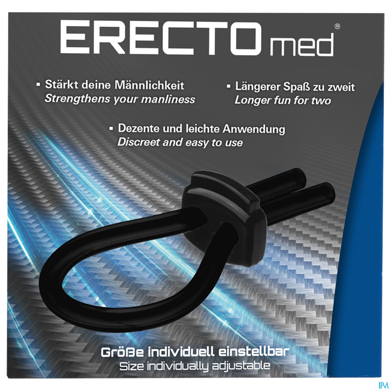 Produktverpackung von ERECTOmed mit Beschreibungstexten zur Stärkung der Männlichkeit und individuellen Einstellbarkeit.