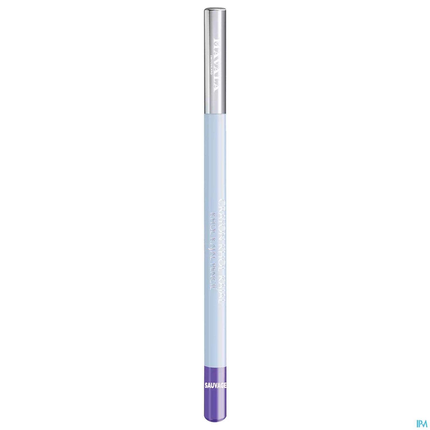 Bleistiftstift in hellblauer Farbe mit silberner Kappe und lila Spitze.