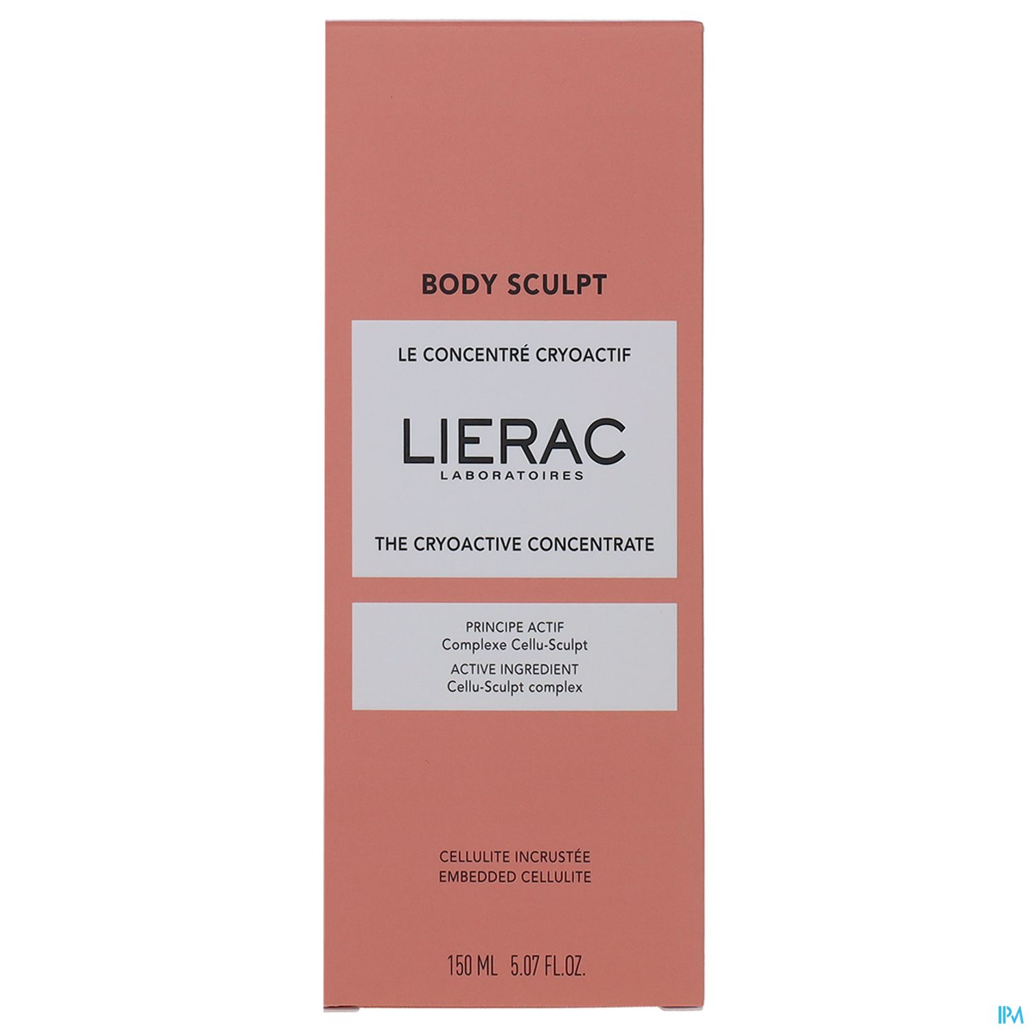 Produktverpackung von Lierac Body Sculpt mit Informationen zum cryoaktiven Konzentrat und Wirkstoffen zur Reduzierung von Cellulite.