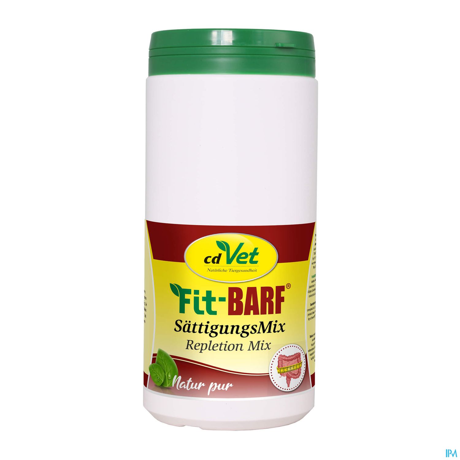 Weißer Behälter mit grünem Deckel, beschriftet mit "cdVet 'Fit-BARF' SättigungsMix Repletion Mix Natur pur".