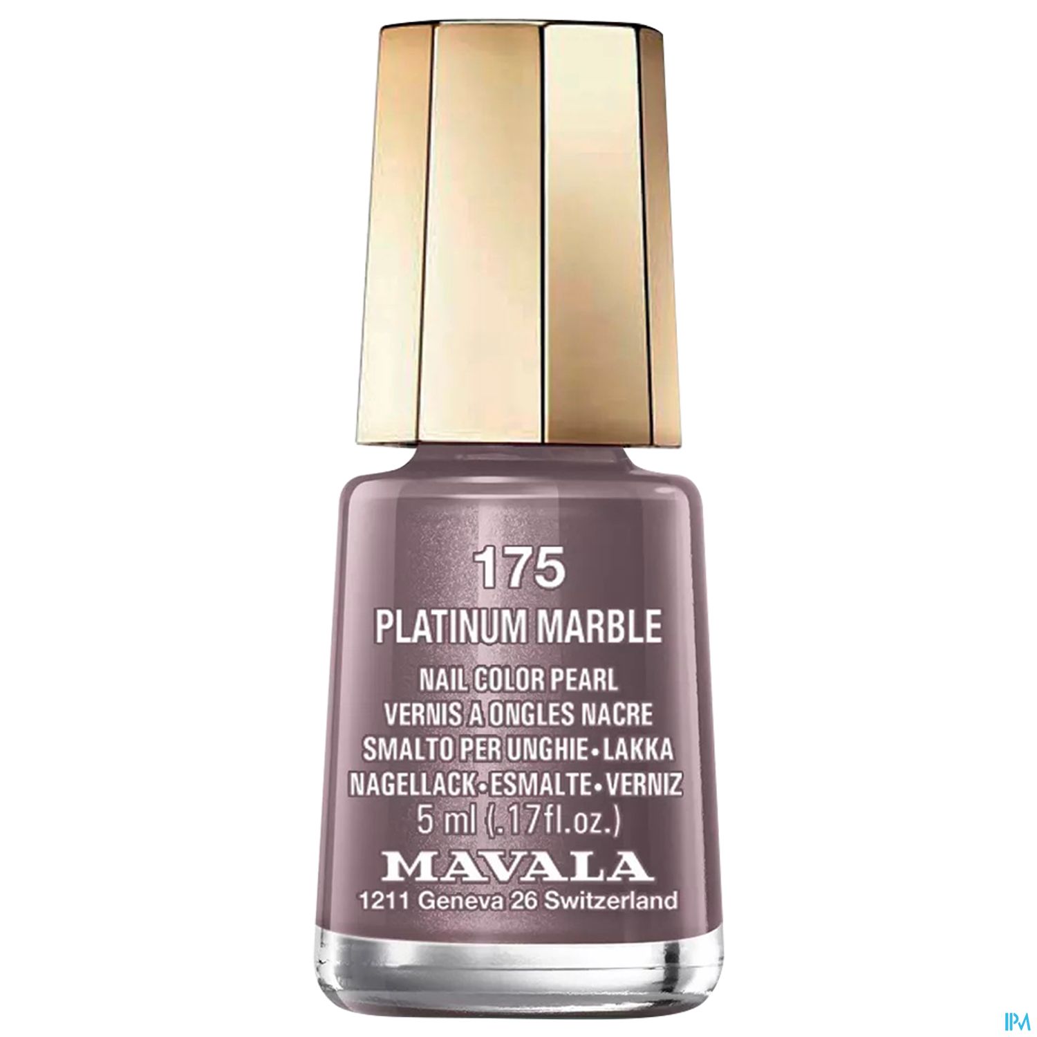 Nagellack-Flasche "Platinum Marble" von Mavala, mit goldenem Deckel und lila Farbe.