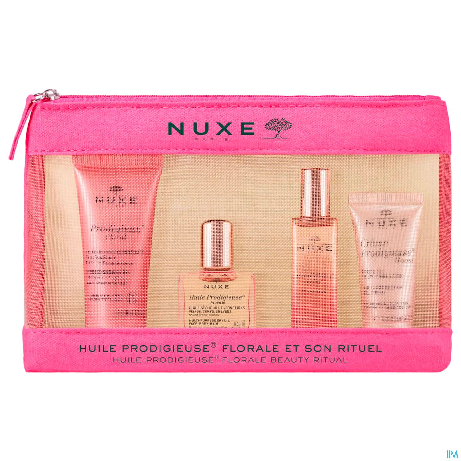 Rosa Kosmetiktasche mit vier Nuxe-Produkten: zwei Flaschen, eine Tube und eine kleinere Flasche, alle in verschiedenen Größen.