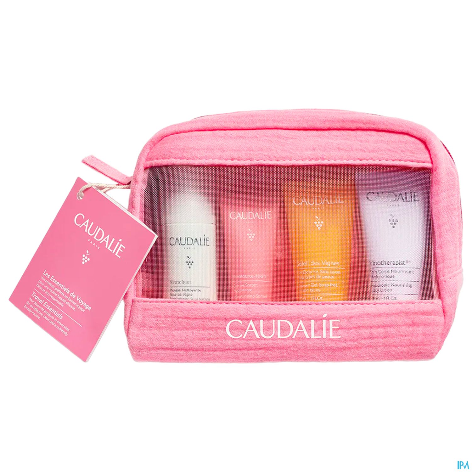 Kosmetiktasche in Pink mit vier Pflegeprodukten und einem Etikett der Marke Caudalie.