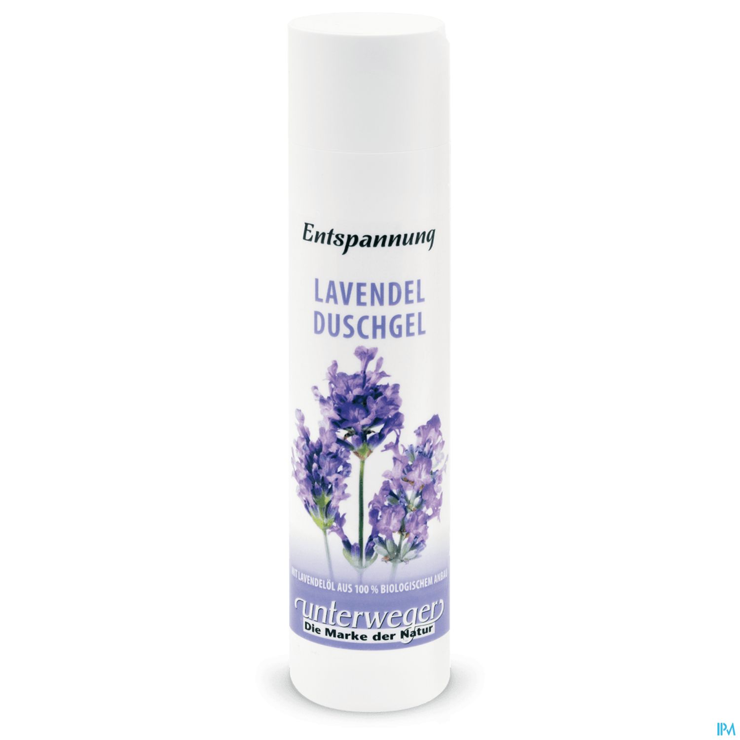 Weißer Behälter mit lila Etikett für Lavendel-Duschgel, beschriftet mit "Entspannung" und "Lavendel Duschgel".