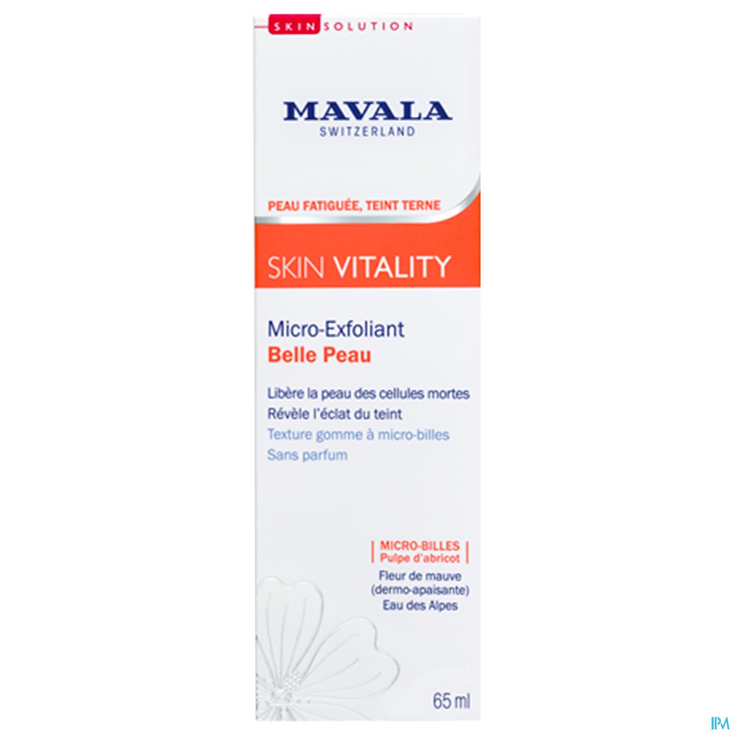 Produktverpackung von Mavala Skin Vitality Micro-Exfoliant für müde Haut, 65 ml, mit Beschreibung und Anwendungshinweisen.