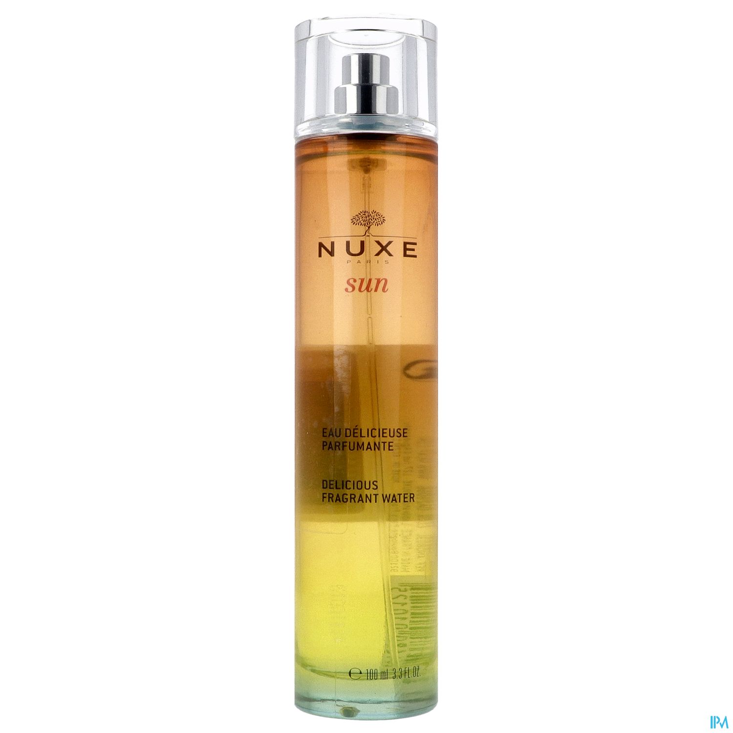 Flasche mit Nuxe Sun Eau de Toilette, transparente Verpackung mit orangem und goldenem Inhalt.