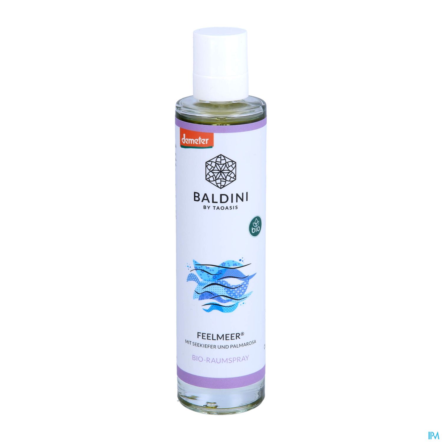 Flasche mit dem Bio-Raumspray "FEELMEER" von BALDINI, mit dem Demeter-Logo und Wellenmotiv auf dem Etikett.