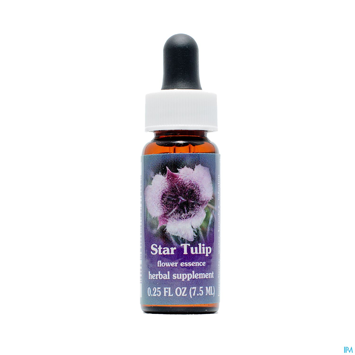 Braunglasflasche mit Pipette, beschriftet mit „Star Tulip flower essence“ und einem Bild einer lila Blume.