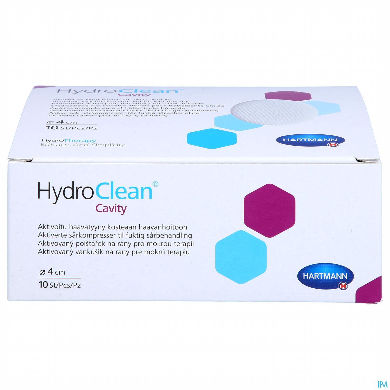 Verpackung von HydroClean Cavity Wundauflagen, 10 Stück, mit Angaben zur Anwendung und Größe.