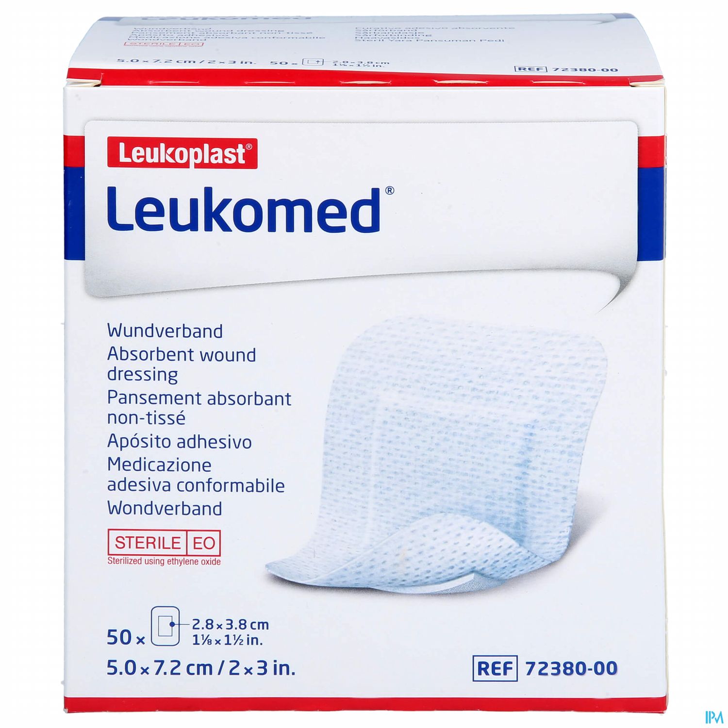 Packung Leukomed Wundverband, enthält 50 sterile, absorbierende, nicht-nichtgewebte Wundauflagen.
