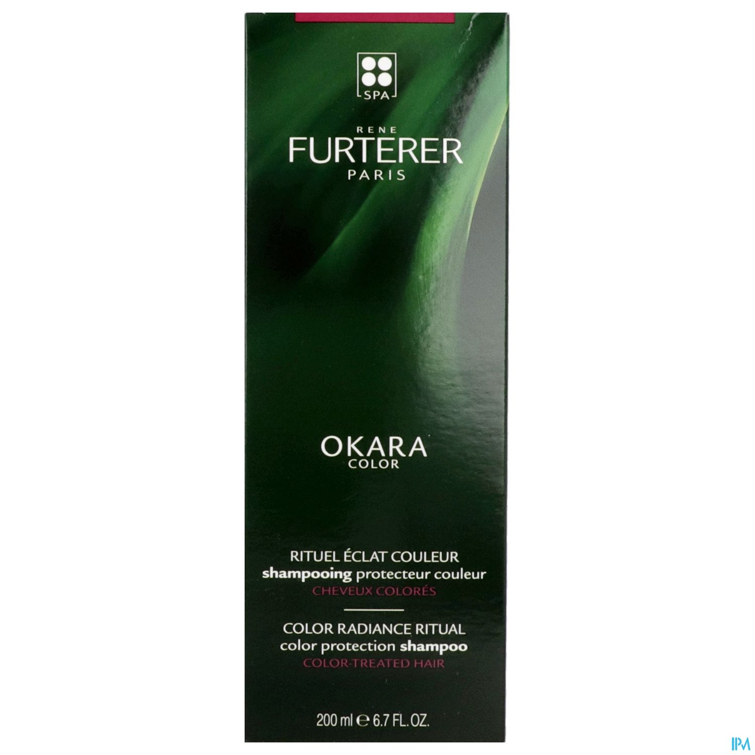 Schachtel mit René Furterer Okara Color Shampoo, 200 ml, grüne Verpackung mit weißem Text.