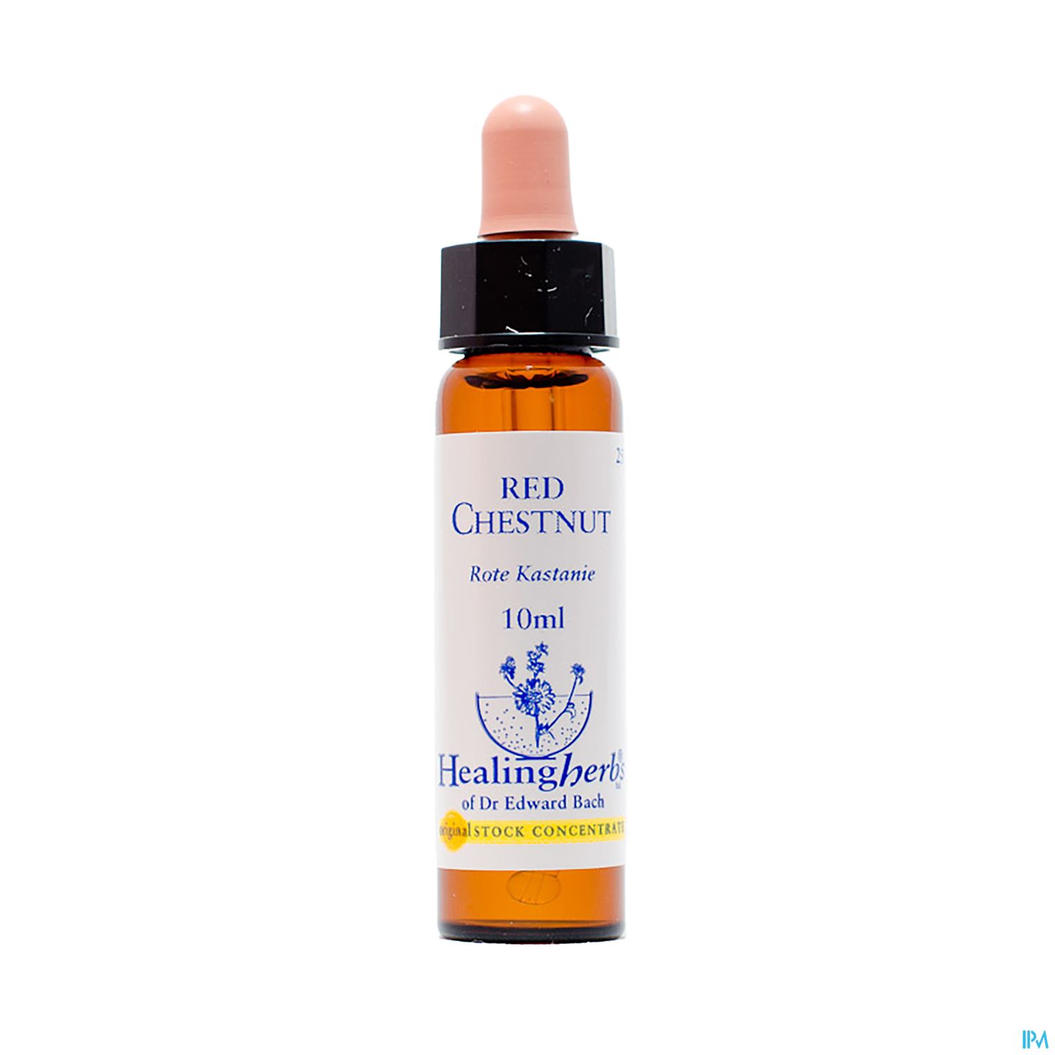 Flasche mit Tropfer, beschriftet mit "RED CHESTNUT" und "Heilmittel von Dr. Edward Bach", Inhalt 10 ml.