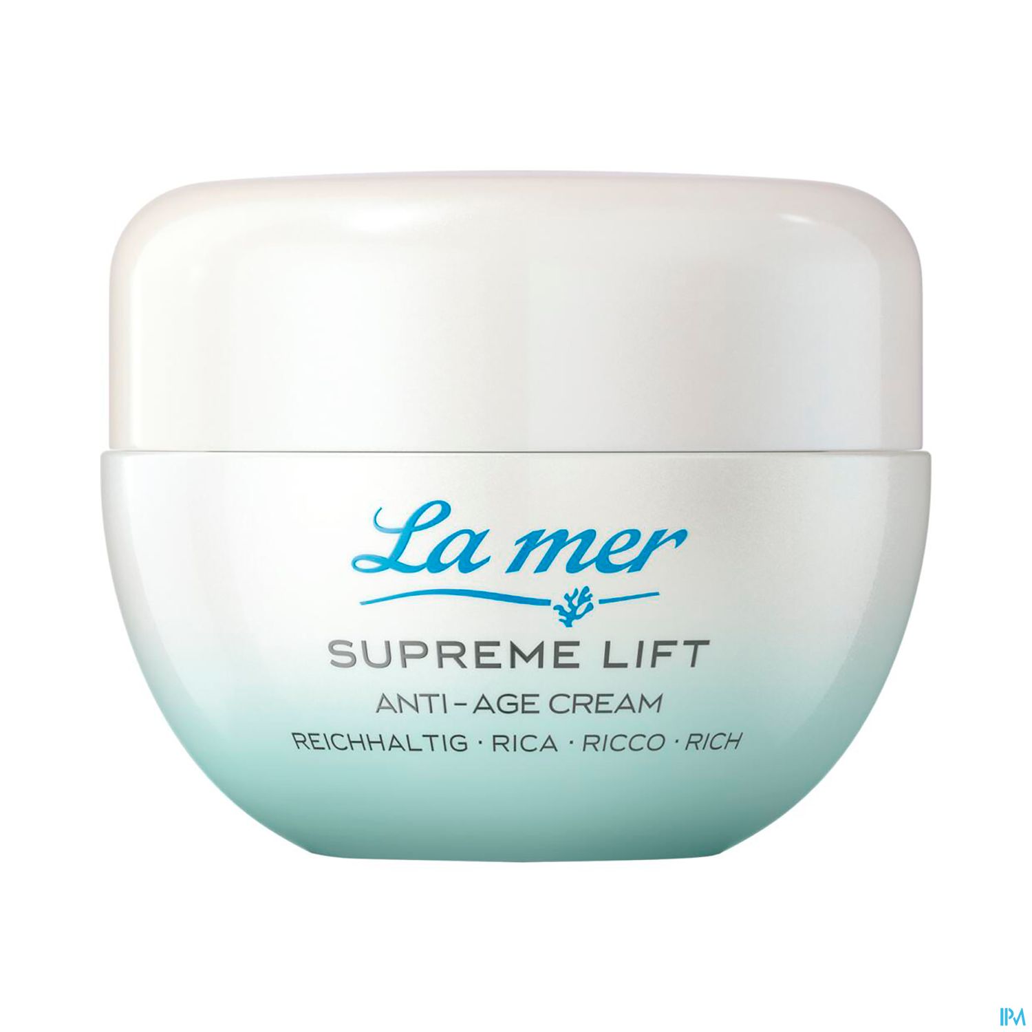 Tiegel der La Mer Supreme Lift Anti-Aging-Creme, weiß mit blauer Schrift.