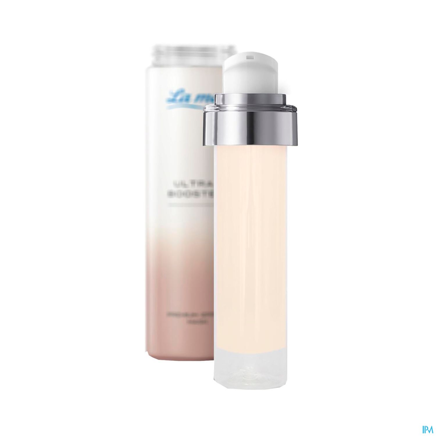 Flasche mit Gesichtsserum und Verpackung im Hintergrund.