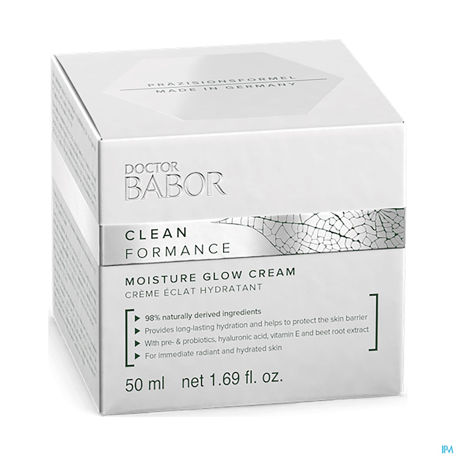 Weißer Karton mit grünen und grauen Akzenten, der eine Feuchtigkeitscreme von Doctor Babor enthält. Auf dem Karton steht "Moisture Glow Cream" und Zusatzinformationen zu Inhaltsstoffen.