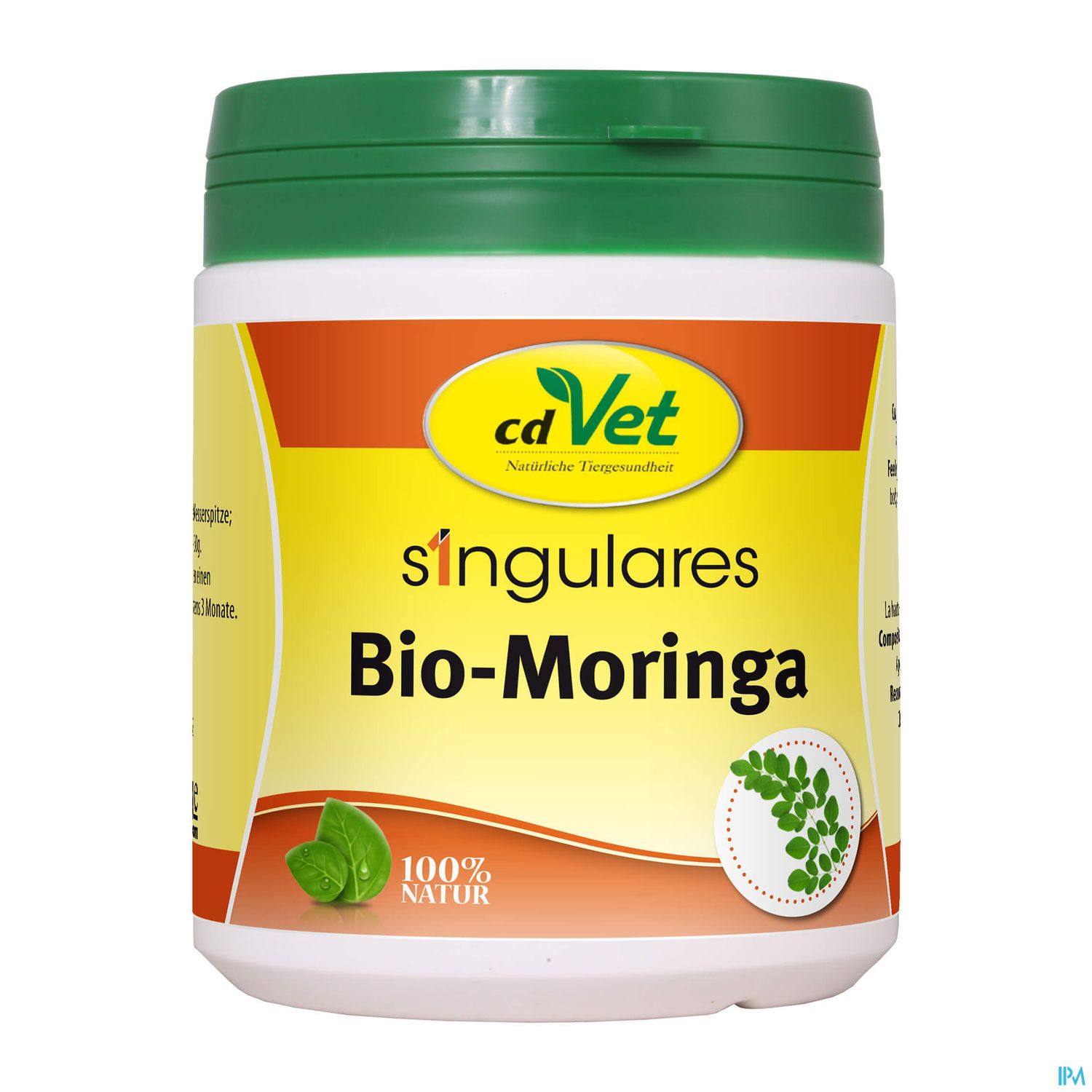 Weißer Kunststoffbehälter mit grünem Deckel, beschriftet mit „cdVet singulares Bio-Moringa 100% Natur“.