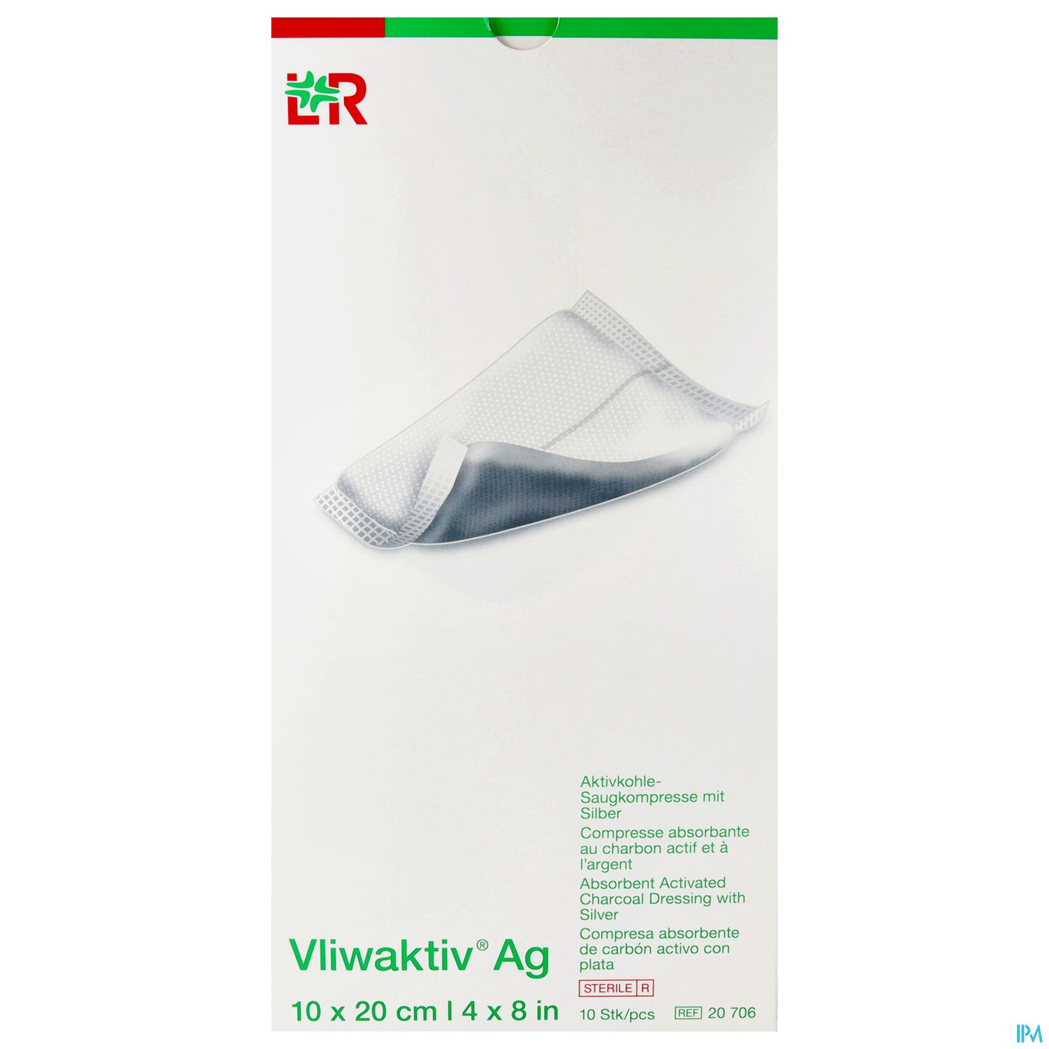 Packung mit einer Aktiveinkohlensaukompresse mit Silber, Größe 10 x 20 cm.