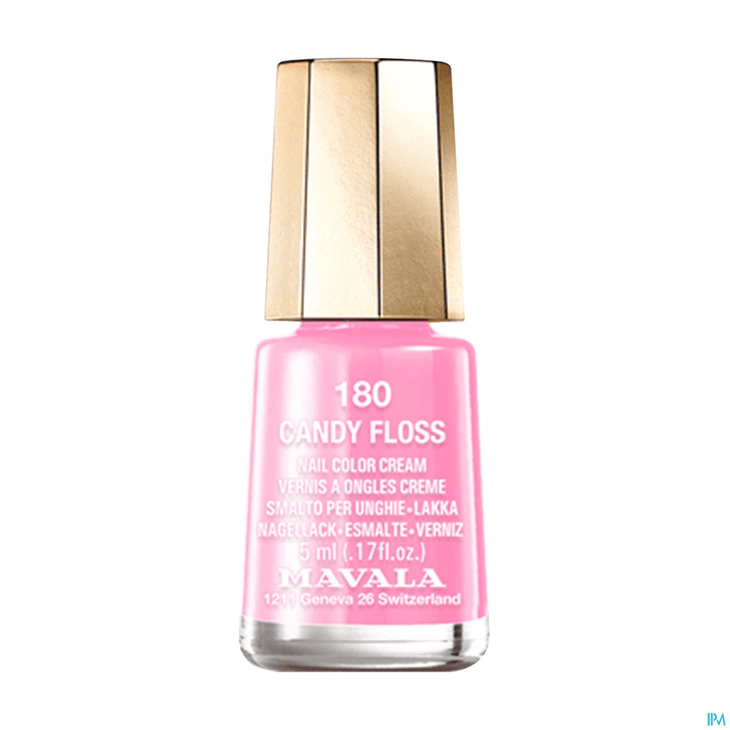Rosa Nagellack in einer Glasflasche mit goldenem Deckel, Etikett mit der Aufschrift „180 CANDY FLOSS“.