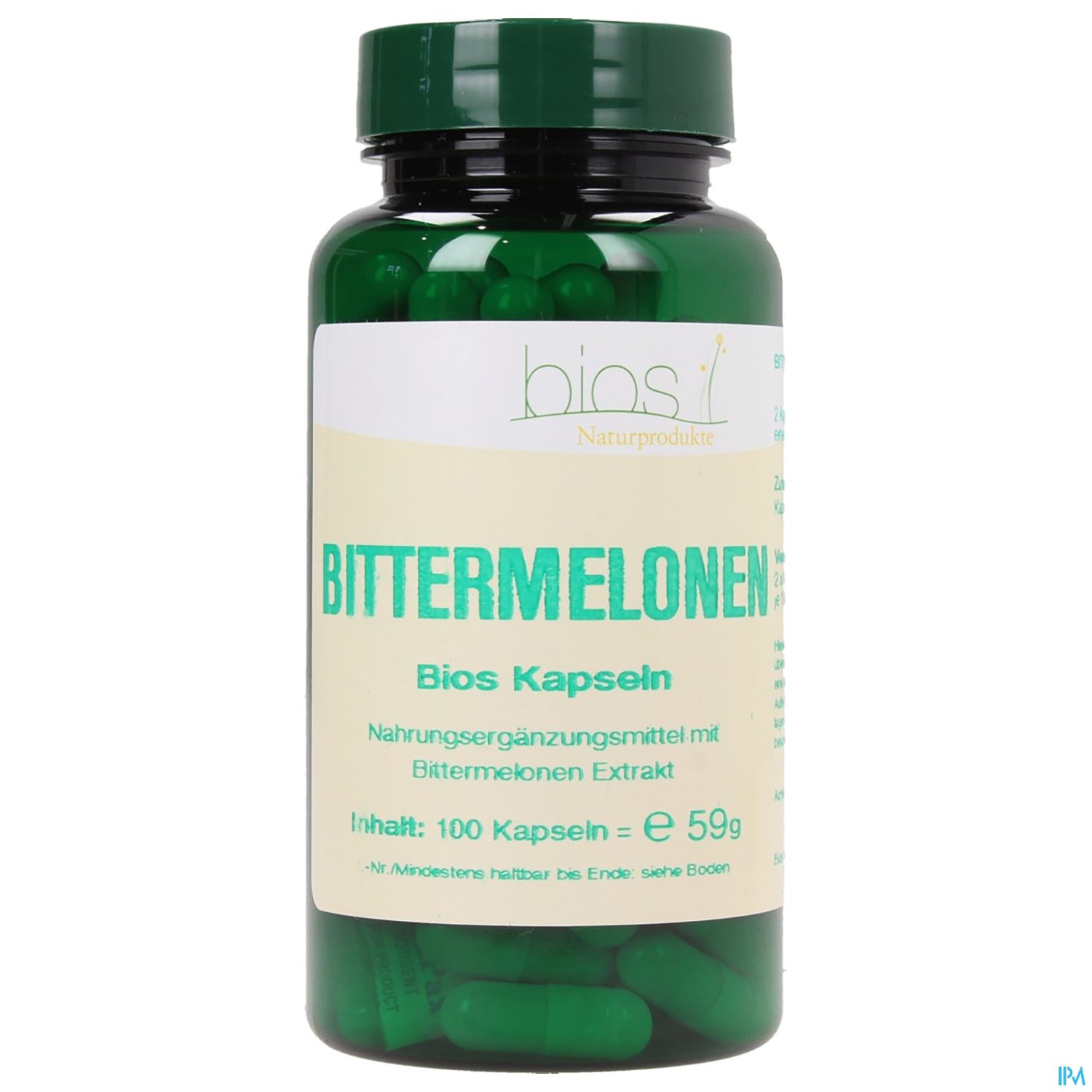 Grüner Behälter mit Kapseln, beschriftet mit "Bittermelonen Bios Kapseln", Inhalt: 100 Kapseln, 59 g.
