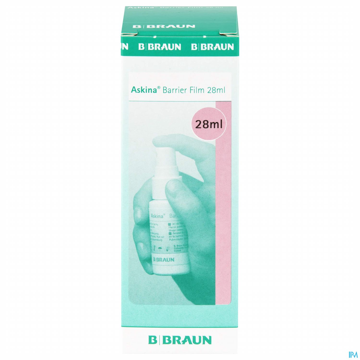 Packung des Askina® Barrier Films mit 28 ml, gehalten von einer Hand.
