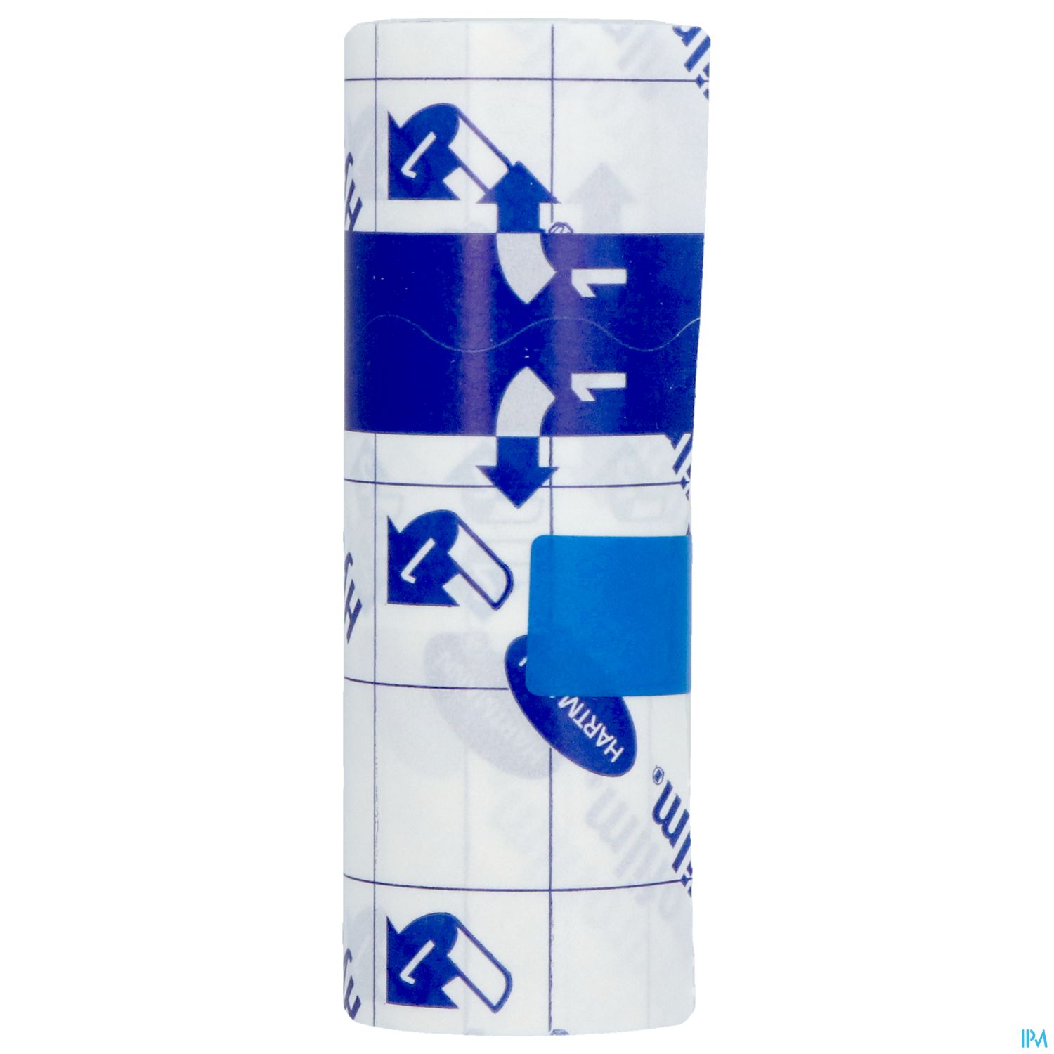 Rollenverpackung mit blauen Symbolen und einem blauen rechteckigen Feld.